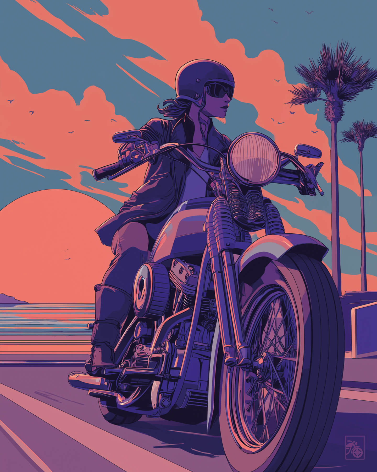 Affiche moto Harley-Davidson Shovelhead illustration route littorale