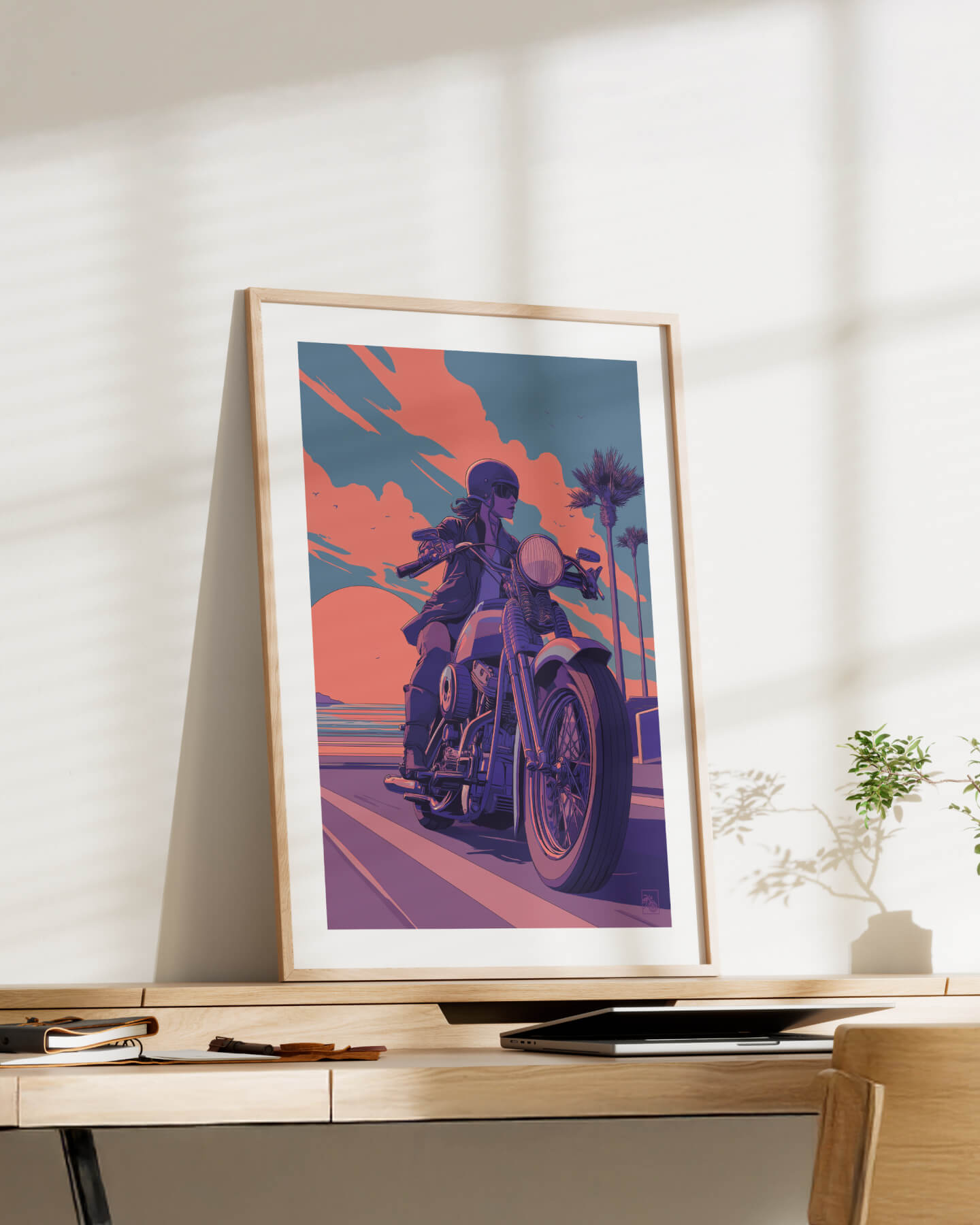 Affiche moto Harley-Davidson Shovelhead illustration route littorale