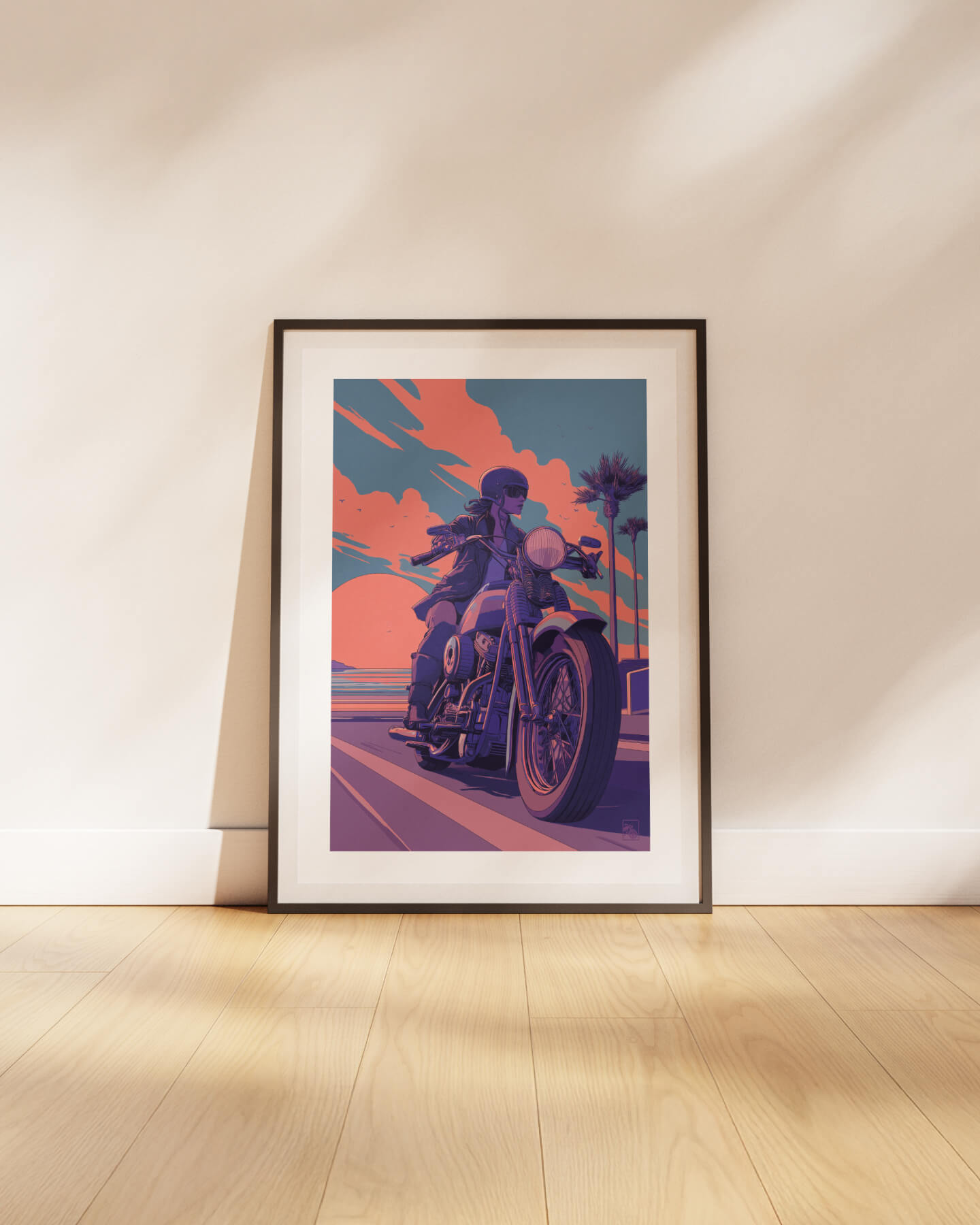Affiche moto Harley-Davidson Shovelhead illustration route littorale