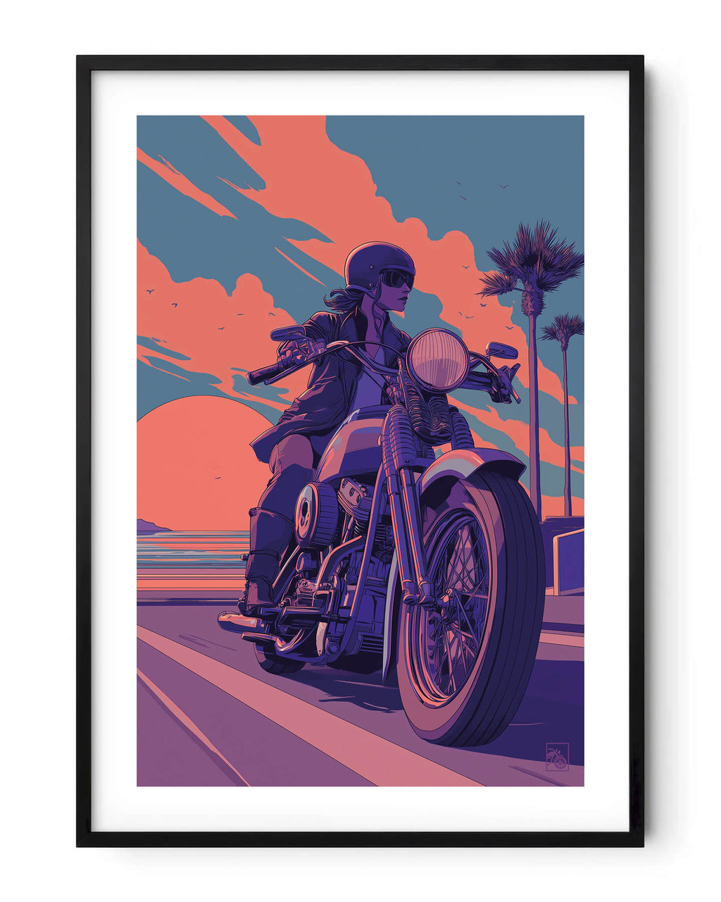Affiche moto Harley-Davidson Shovelhead illustration route littorale