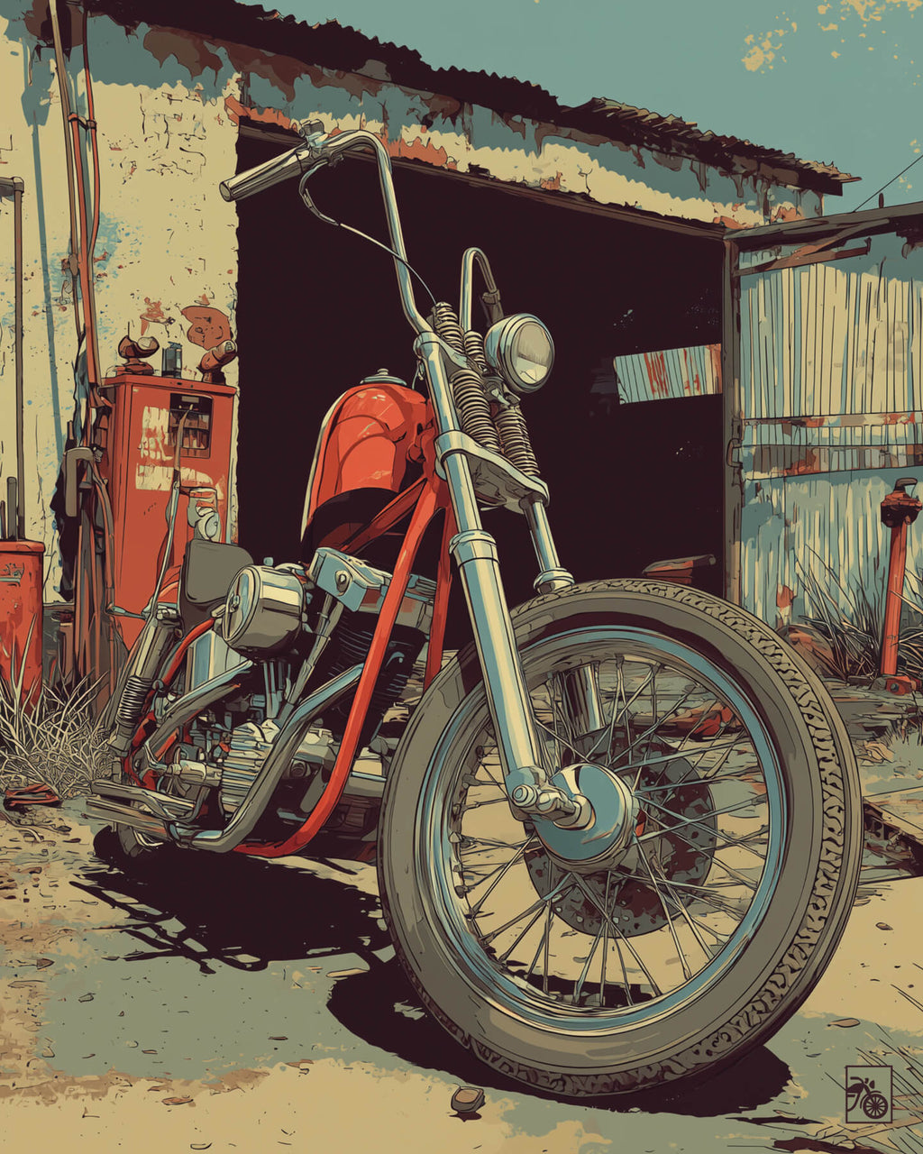 Affiche moto Harley-Davidson Shovelhead illustration vintage garage