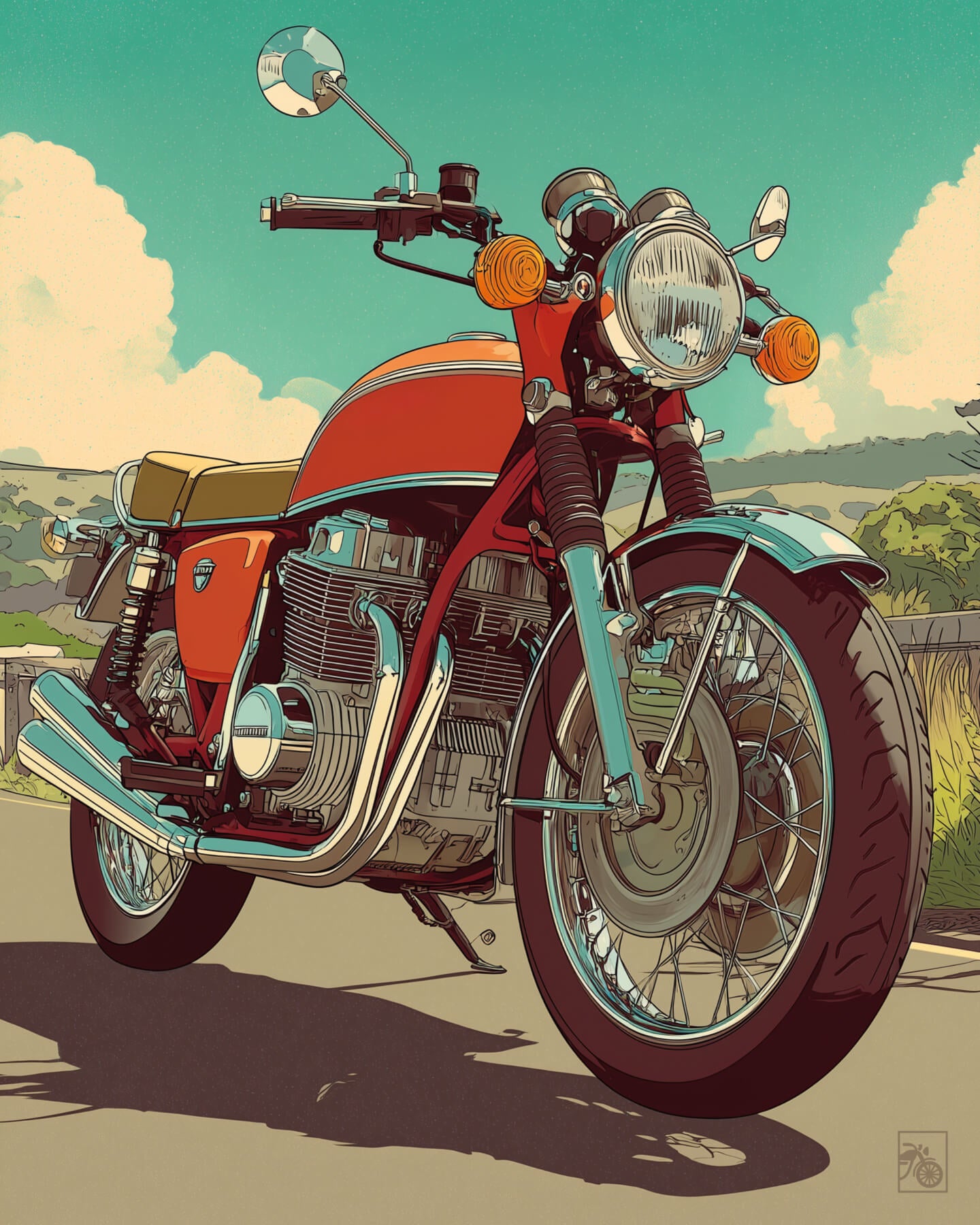 Affiche moto Honda CB750 Four illustration comic route vintage