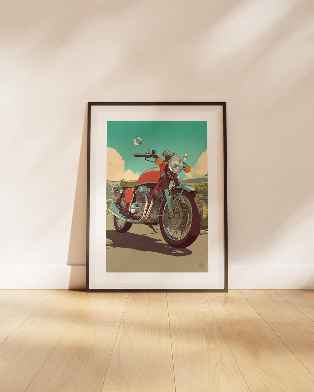 Affiche moto Honda CB750 Four illustration comic route vintage