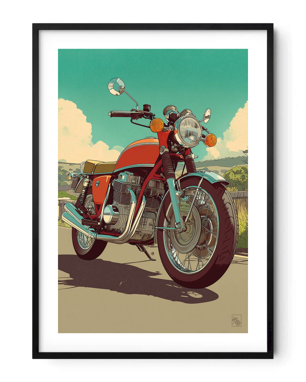 Affiche moto Honda CB750 Four illustration comic route vintage