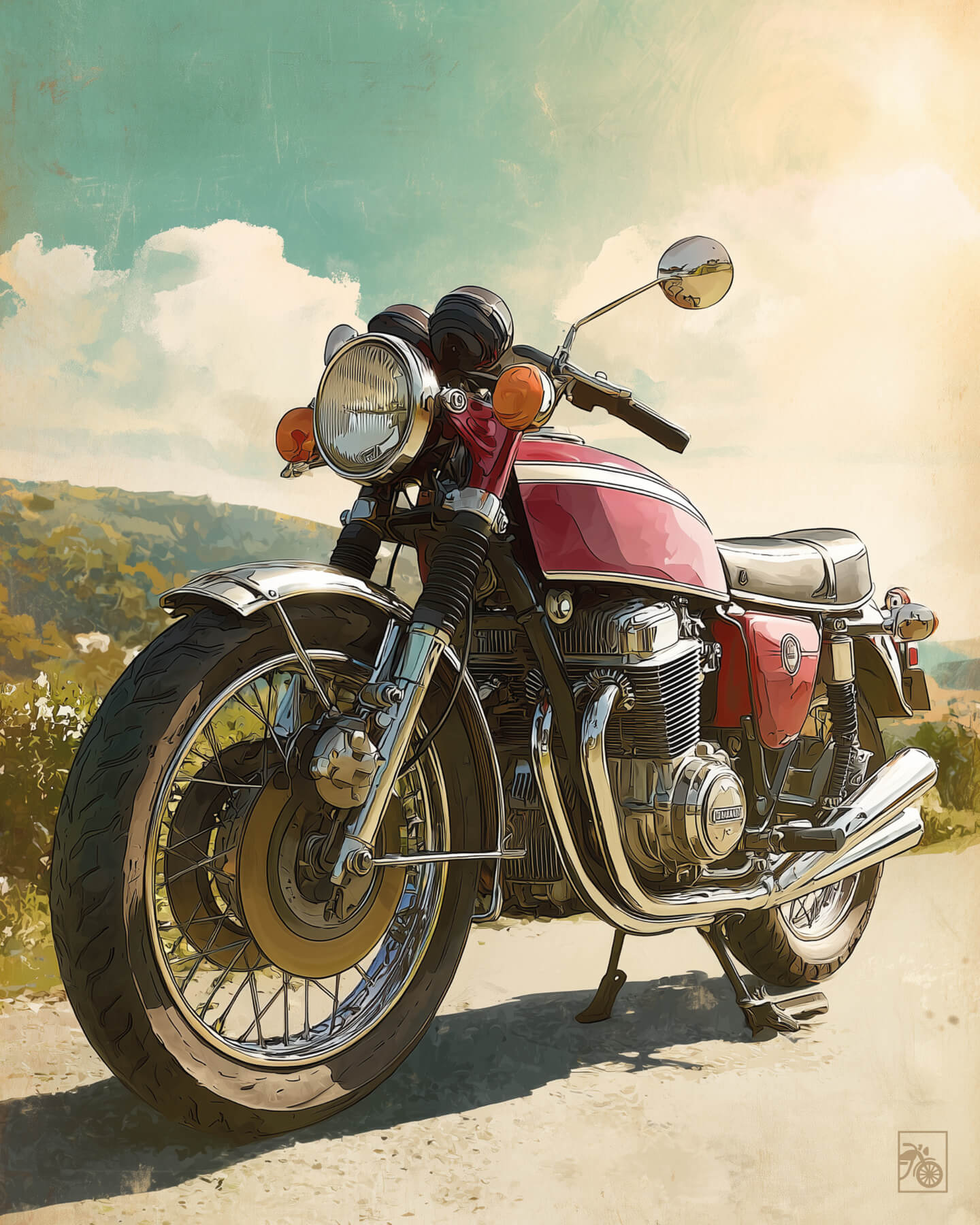 Affiche moto Honda CB750 Four illustration réaliste route vintage