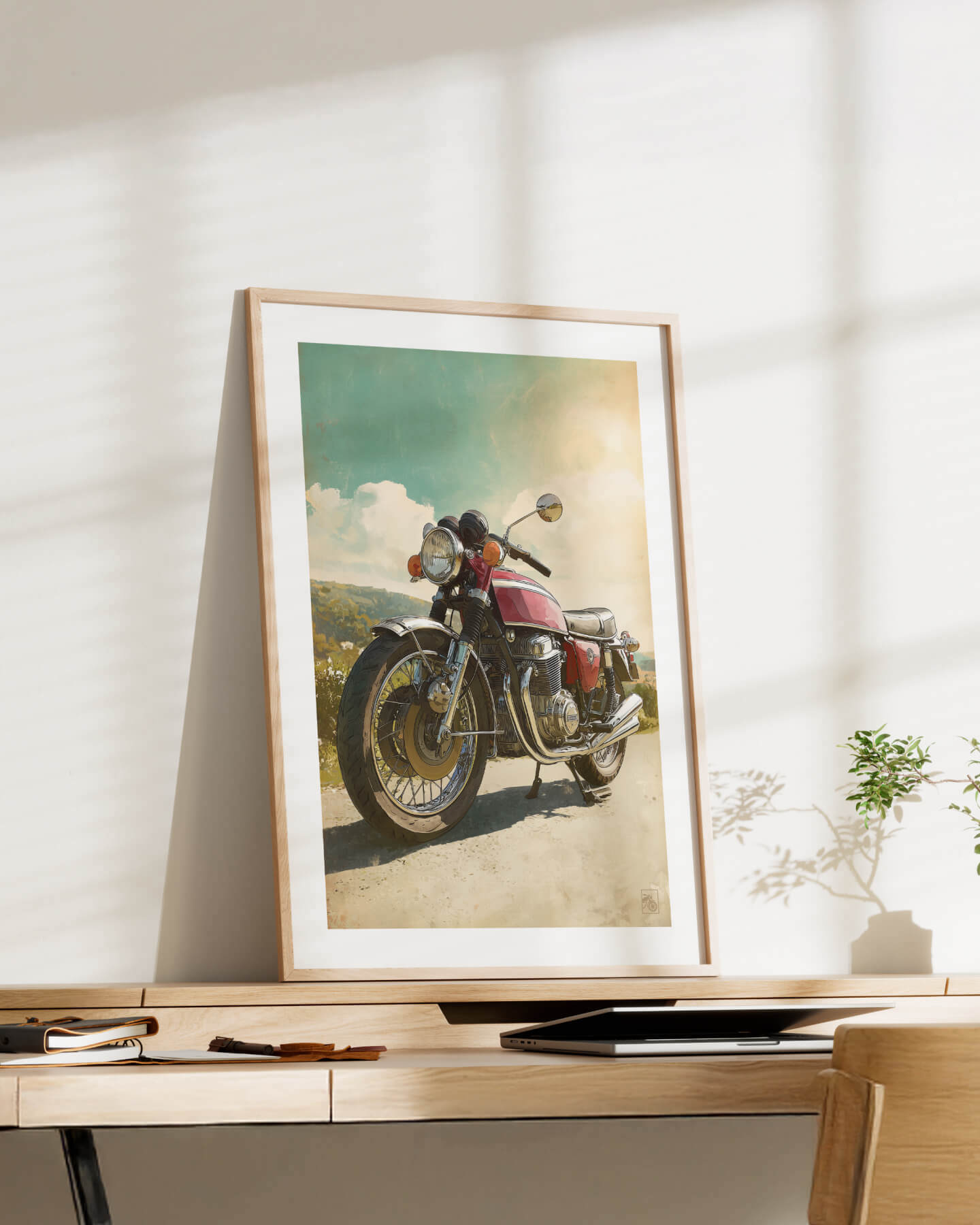 Affiche moto Honda CB750 Four illustration réaliste route vintage