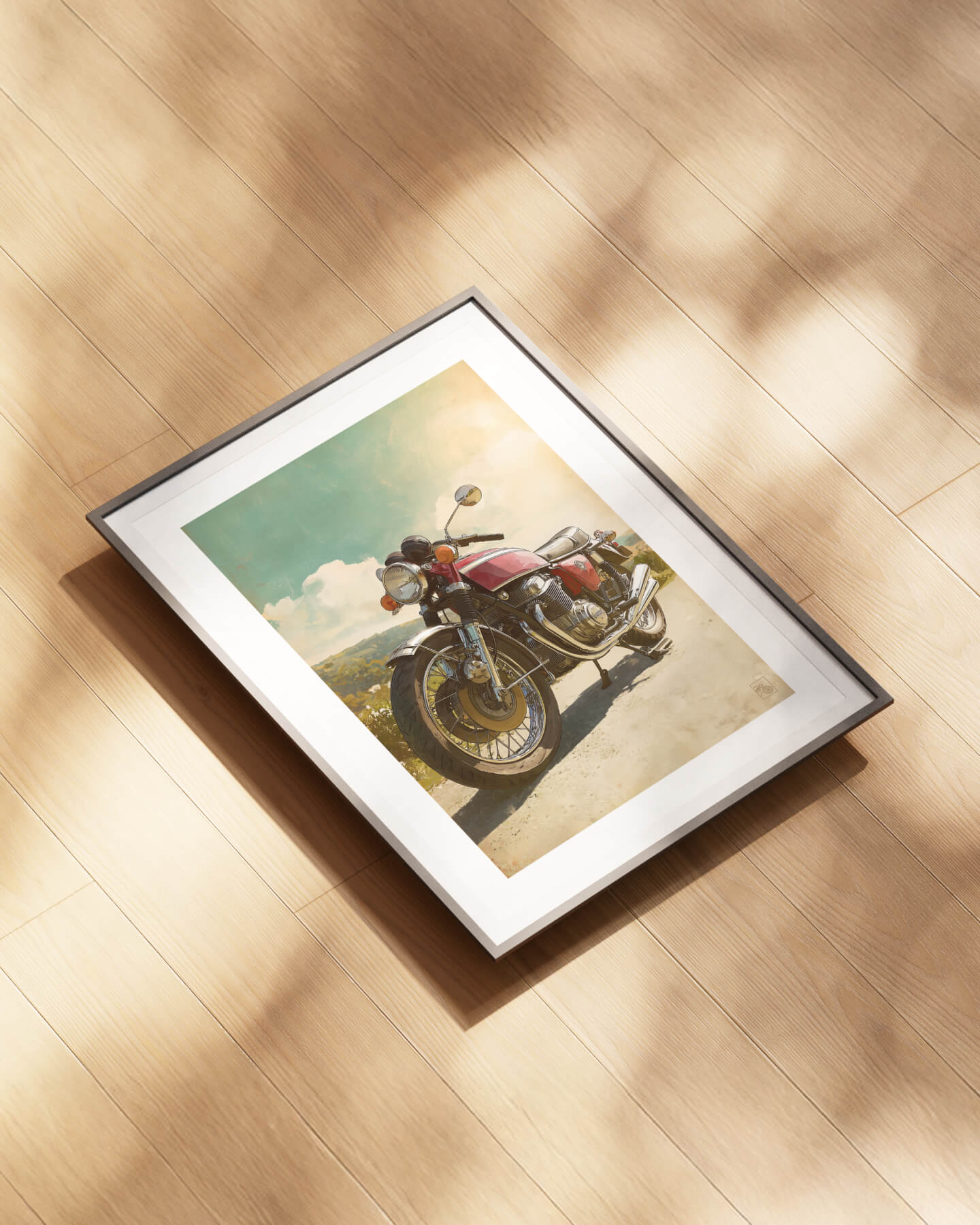 Affiche moto Honda CB750 Four illustration réaliste route vintage