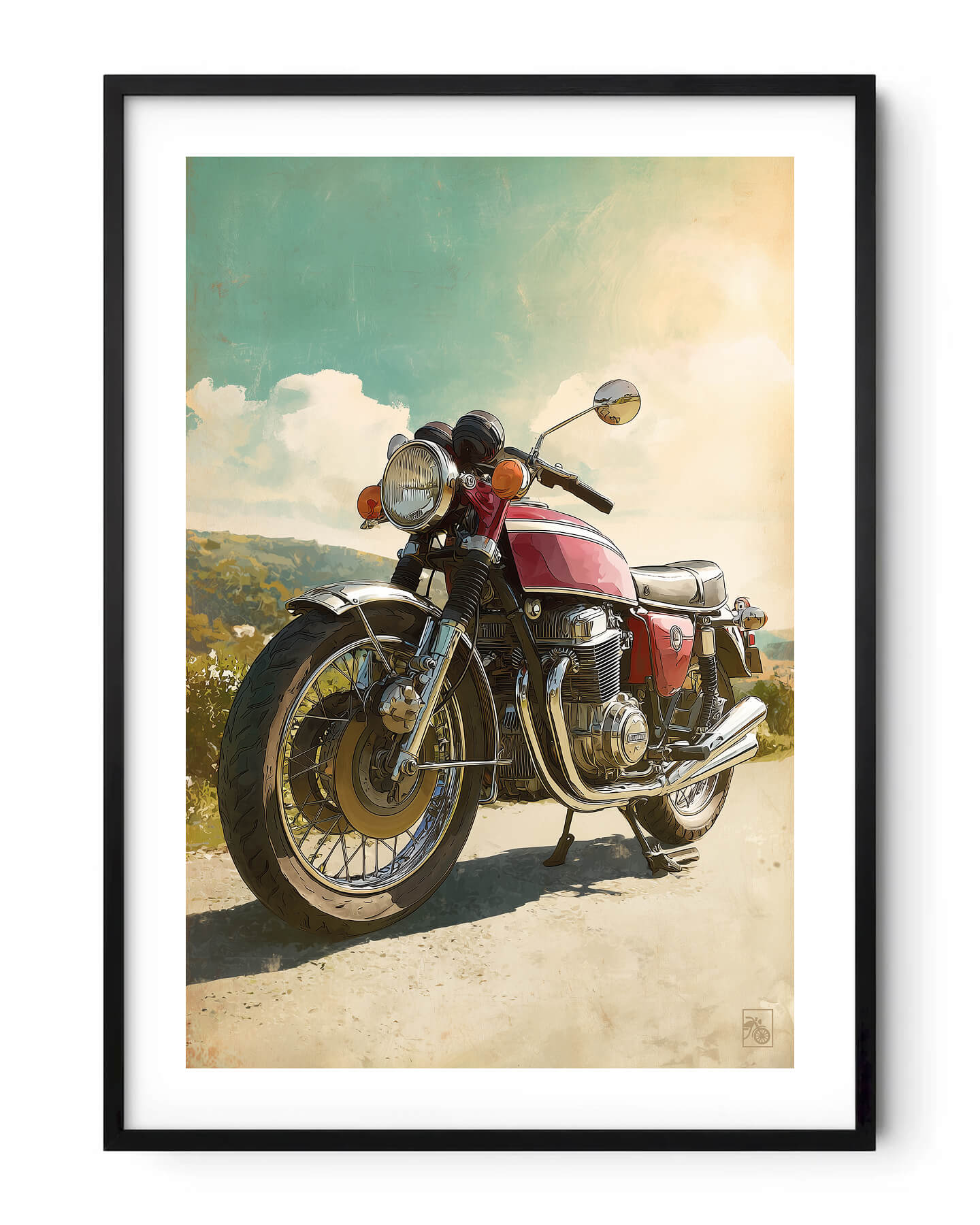 Affiche moto Honda CB750 Four illustration réaliste route vintage