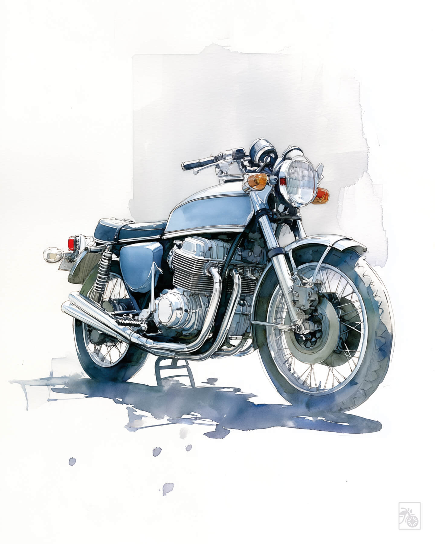 Affiche moto Honda CB750 Four bleue aquarelle fond minimaliste