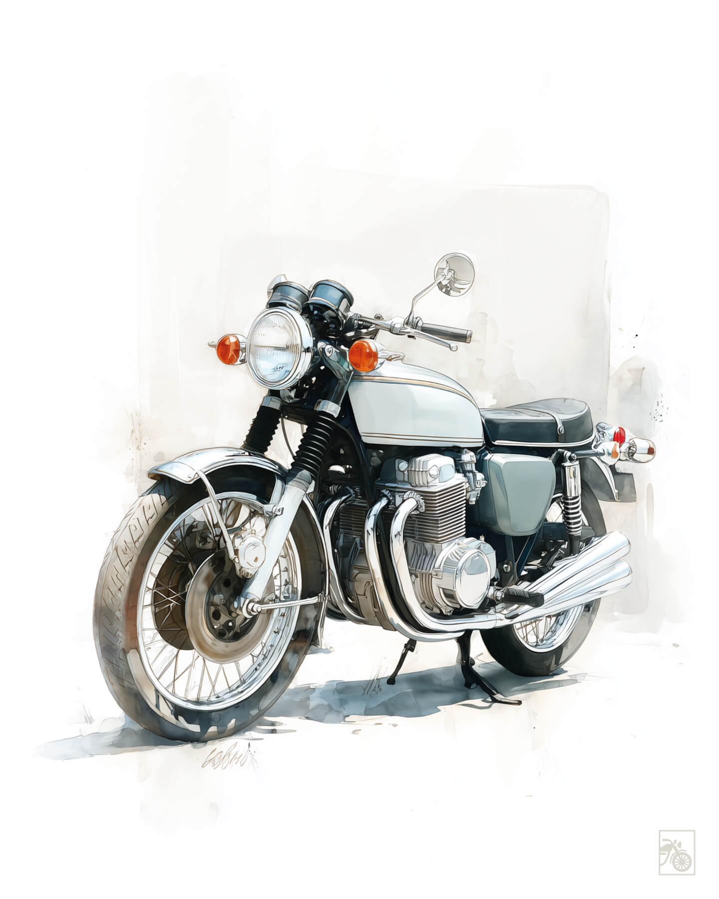 Affiche moto Honda CB750 Four blanche aquarelle fond minimaliste