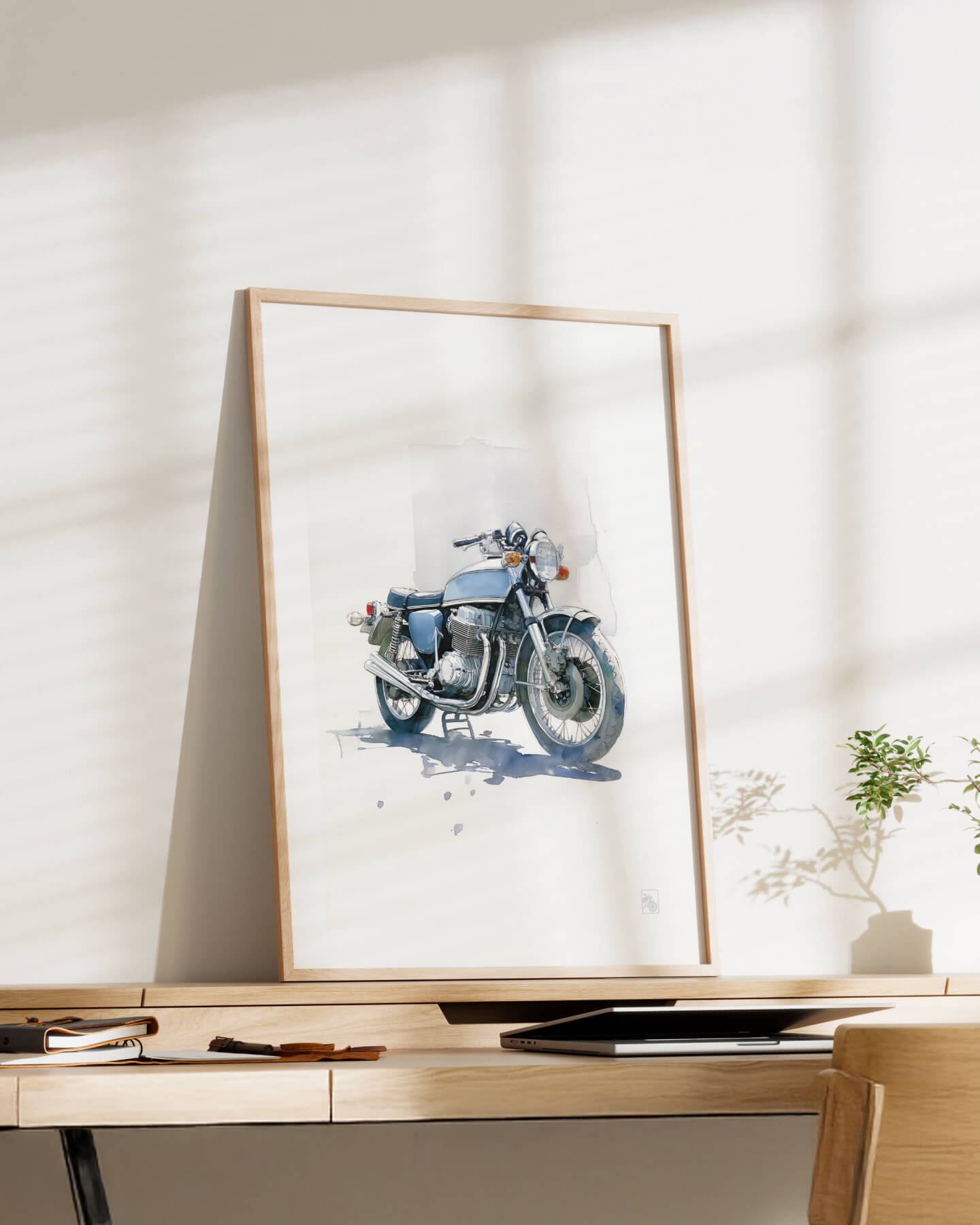 Affiche moto Honda CB750 Four bleue aquarelle fond minimaliste