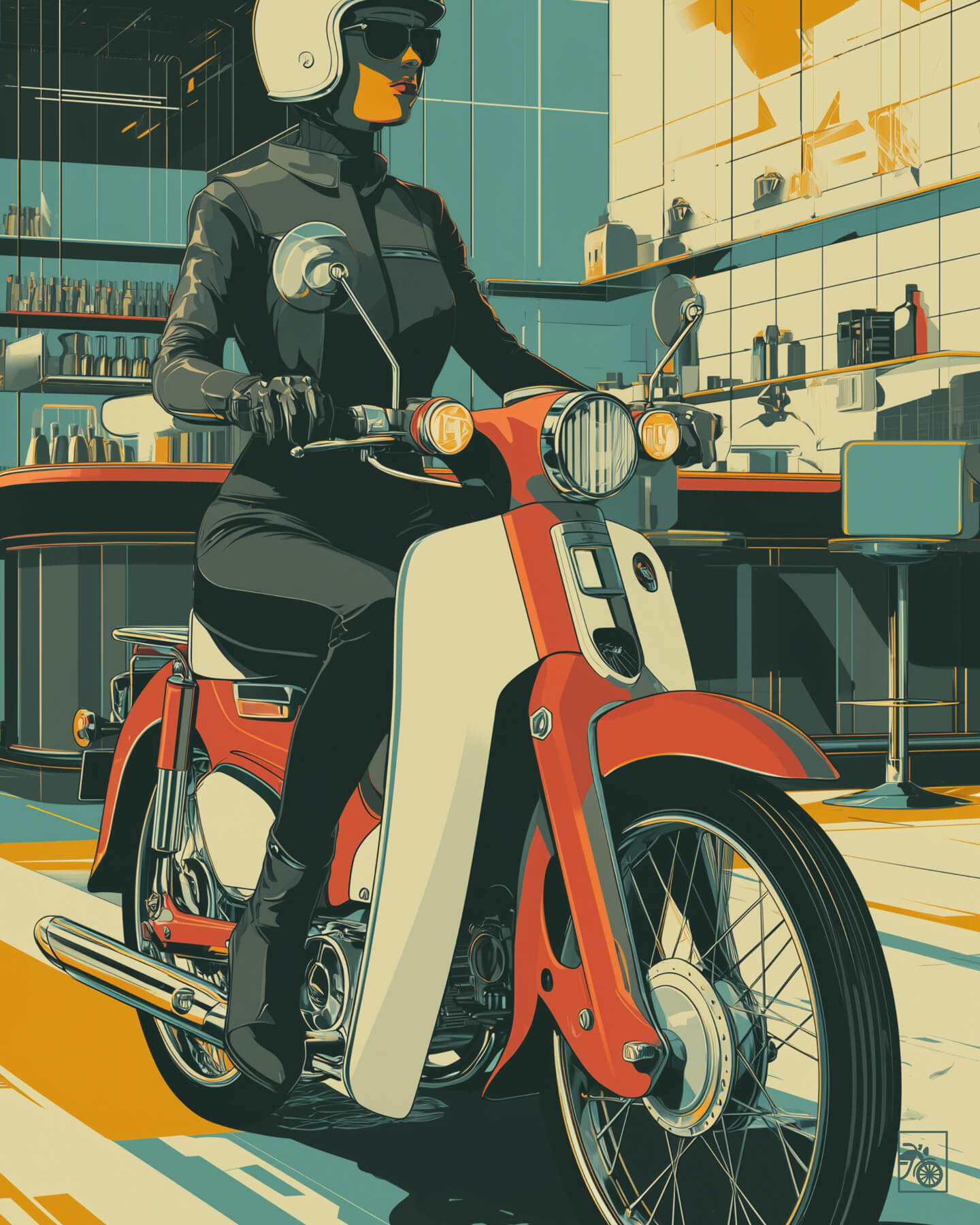 Affiche moto Honda Super Cub C100 Art Deco café racer London