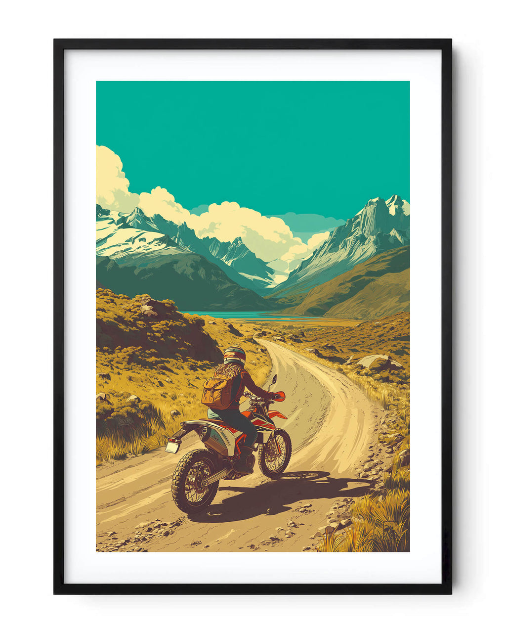 Affiche moto KTM 690 Enduro R style rétro Carretera Austral Chili