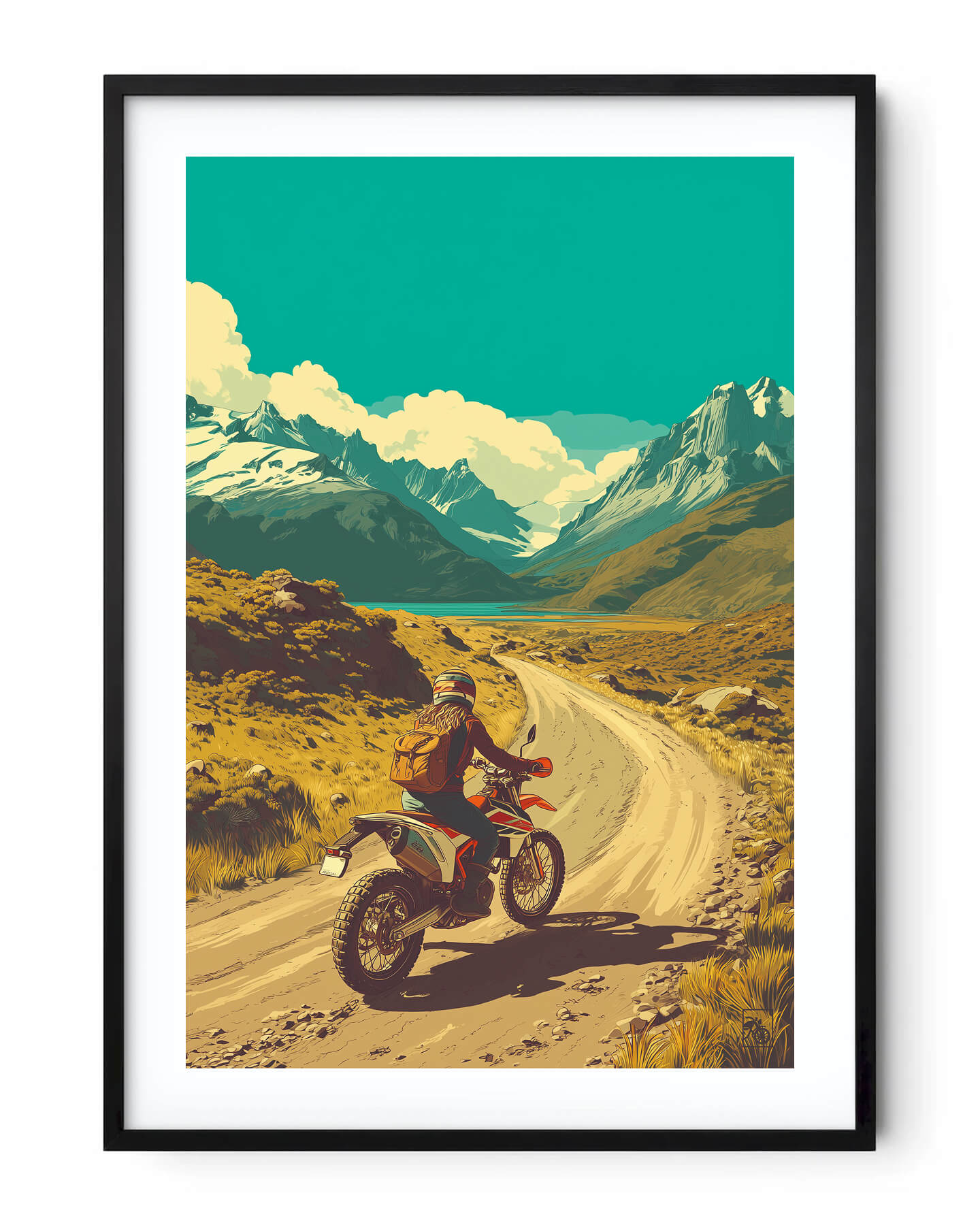 Affiche moto KTM 690 Enduro R style rétro Carretera Austral Chili