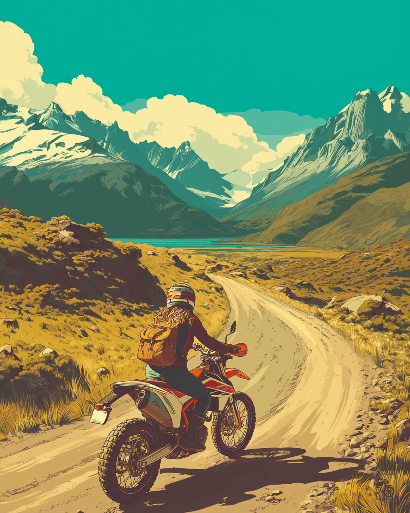 Affiche moto KTM 690 Enduro R style rétro Carretera Austral Chili