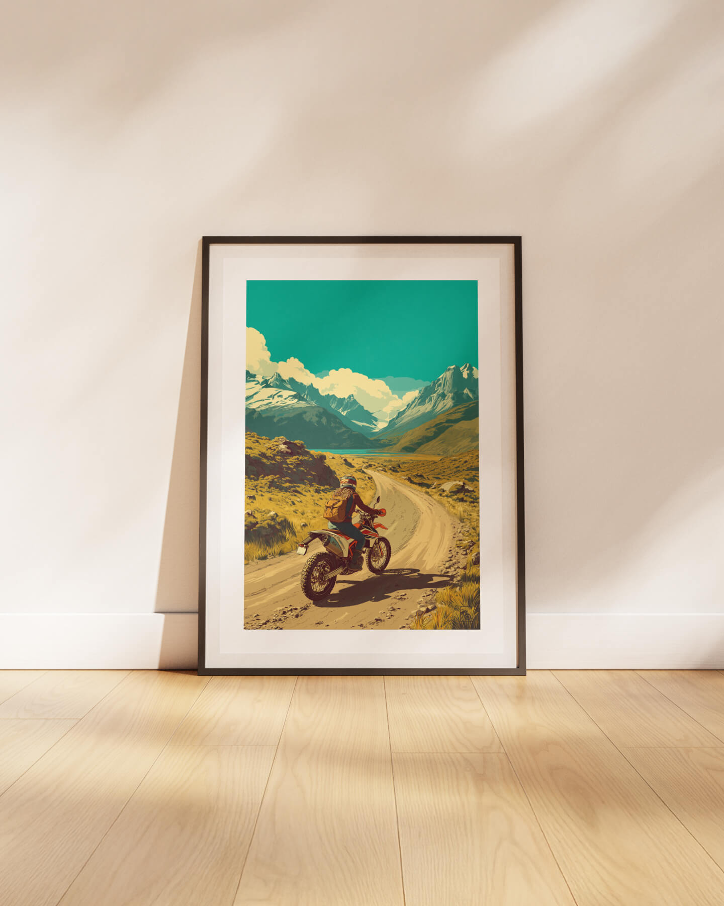Affiche moto KTM 690 Enduro R style rétro Carretera Austral Chili