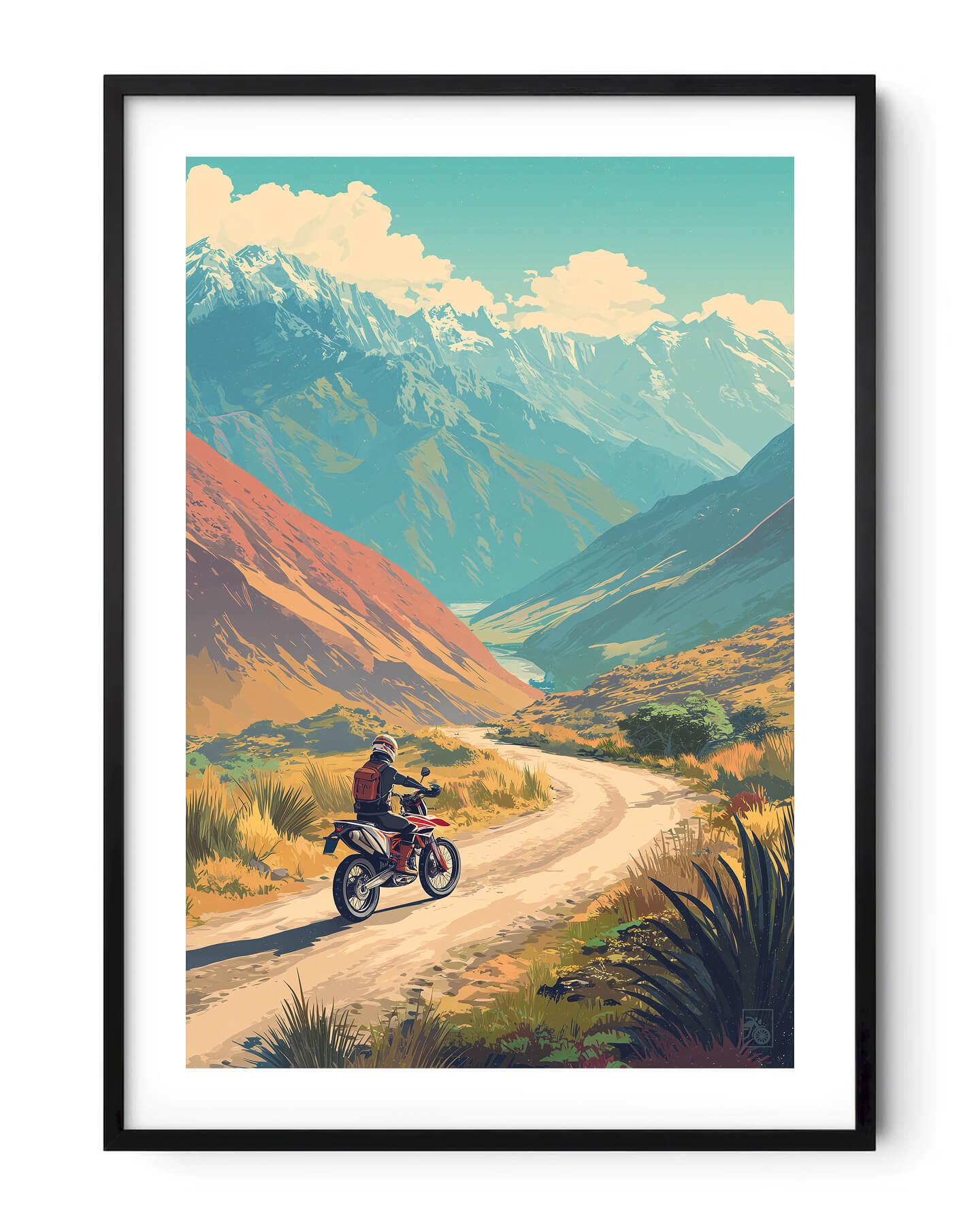 Affiche moto KTM 690 Enduro R style rétro Carretera Austral Chili Side