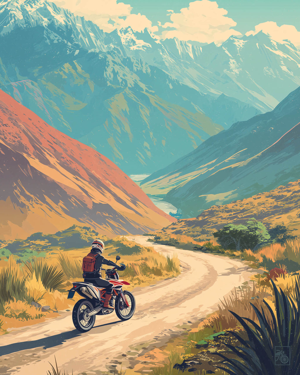 Affiche moto KTM 690 Enduro R style rétro Carretera Austral Chili Side