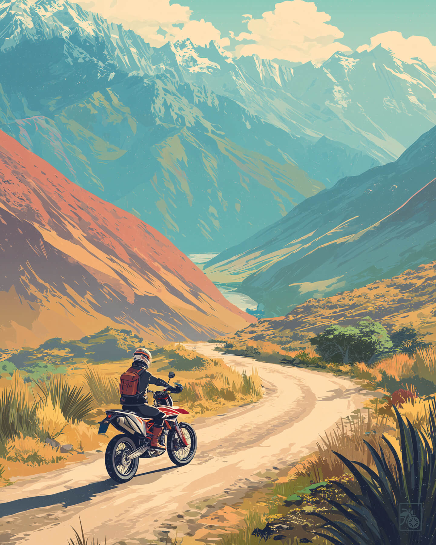 Affiche moto KTM 690 Enduro R style rétro Carretera Austral Chili Side