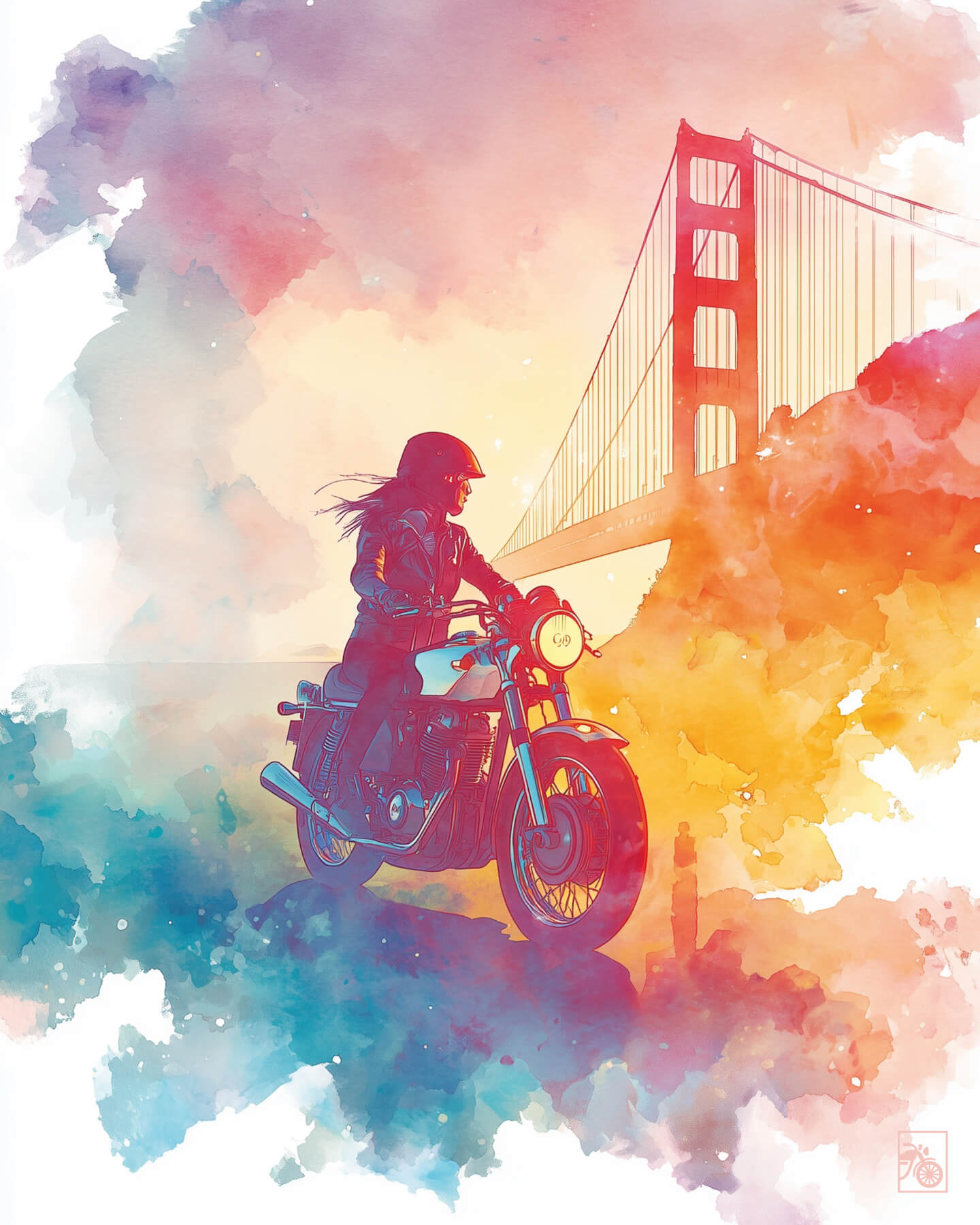 Affiche moto Norton Commando aquarelle Golden Gate San Francisco