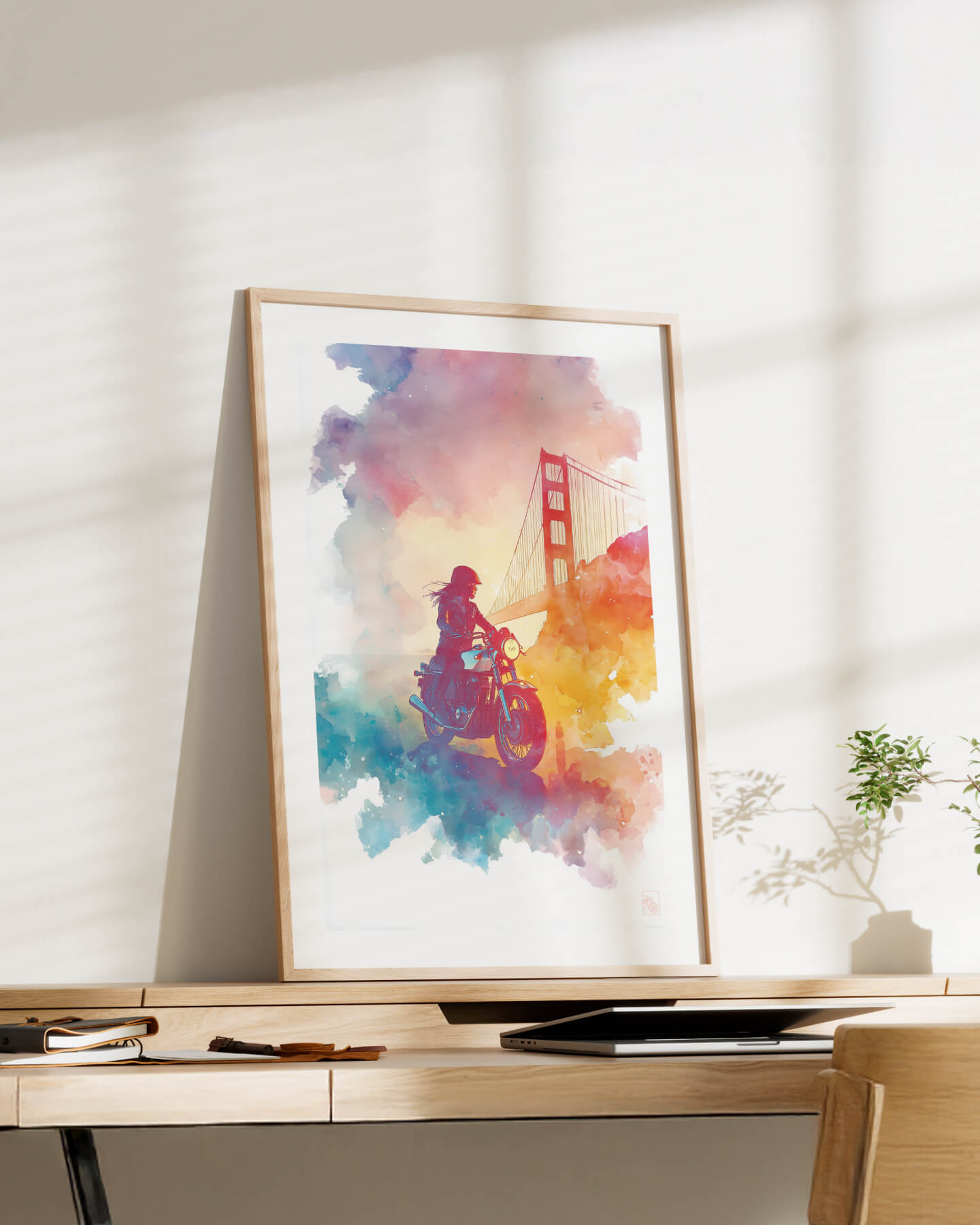 Affiche moto Norton Commando aquarelle Golden Gate San Francisco