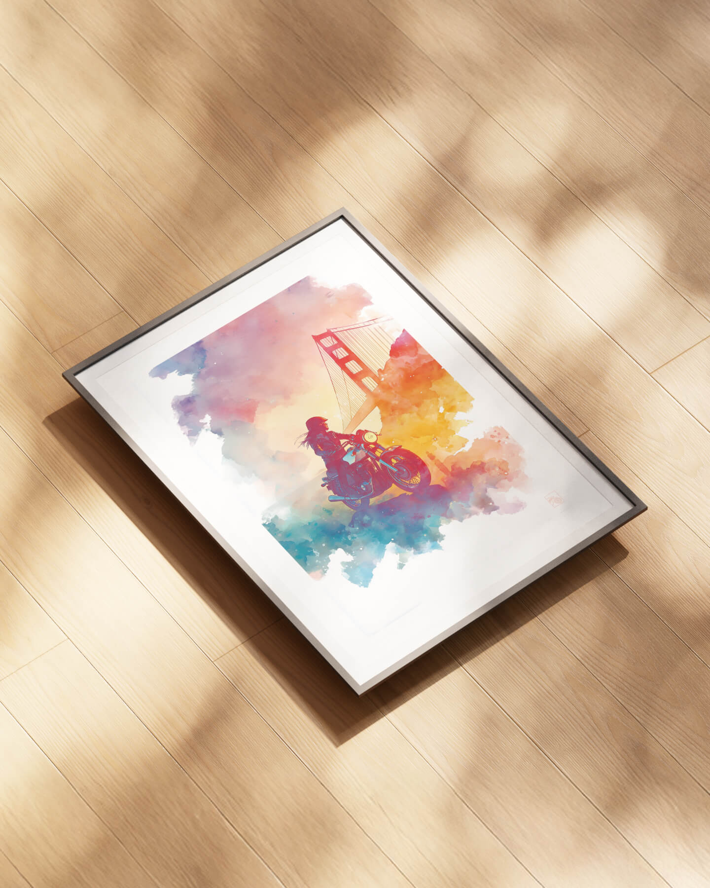 Affiche moto Norton Commando aquarelle Golden Gate San Francisco
