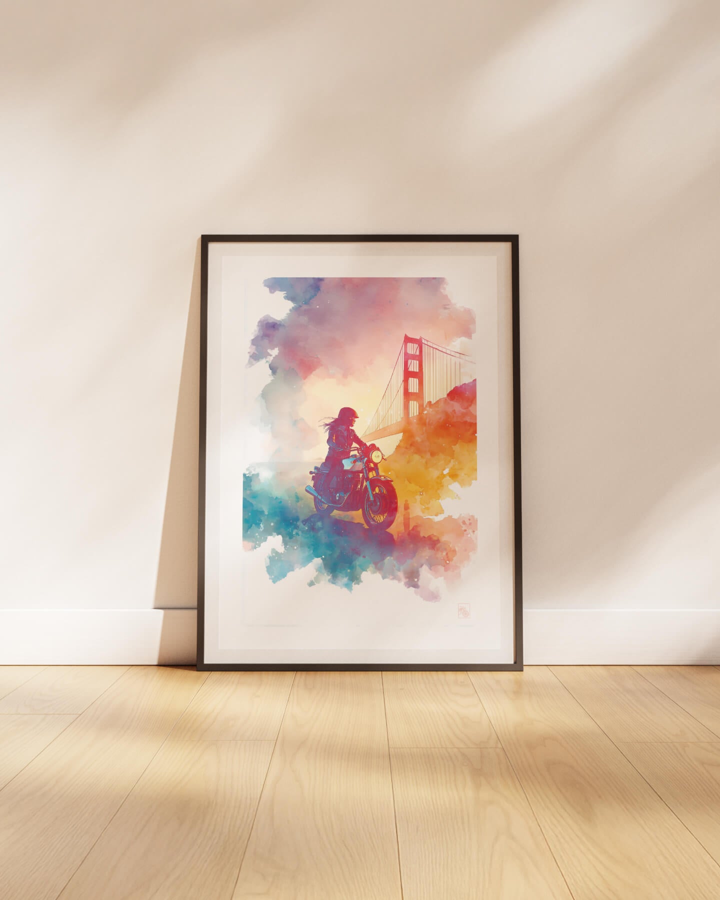Affiche moto Norton Commando aquarelle Golden Gate San Francisco