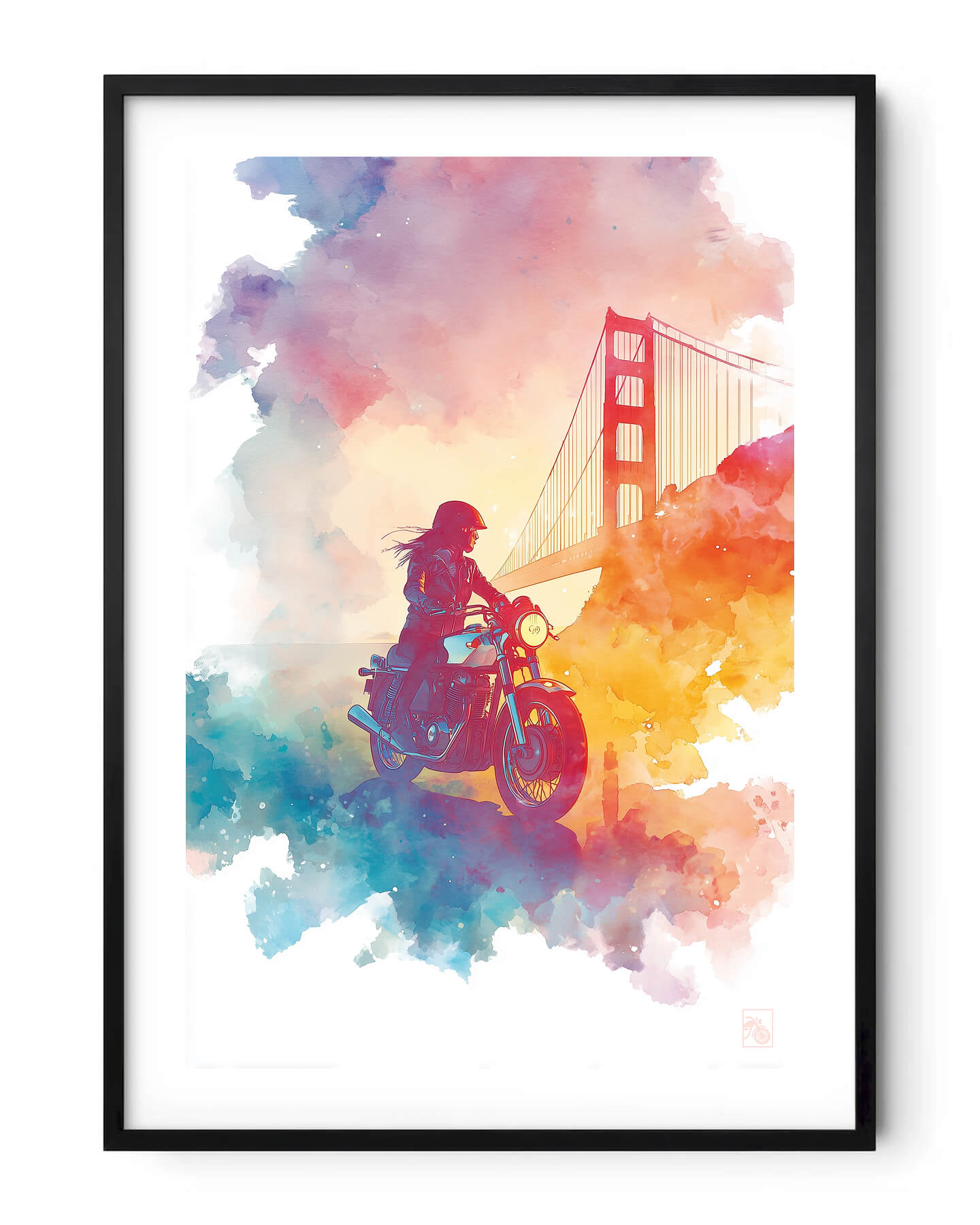 Affiche moto Norton Commando aquarelle Golden Gate San Francisco