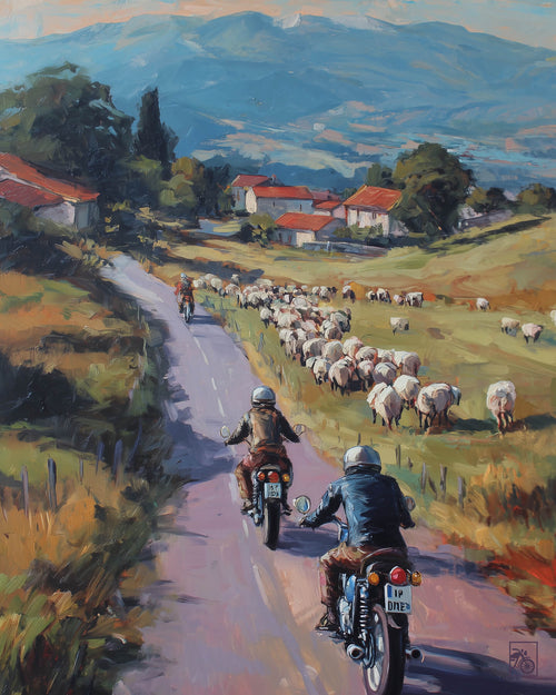 Affiche moto bikers custom brebis peinture huile route Pays Basque