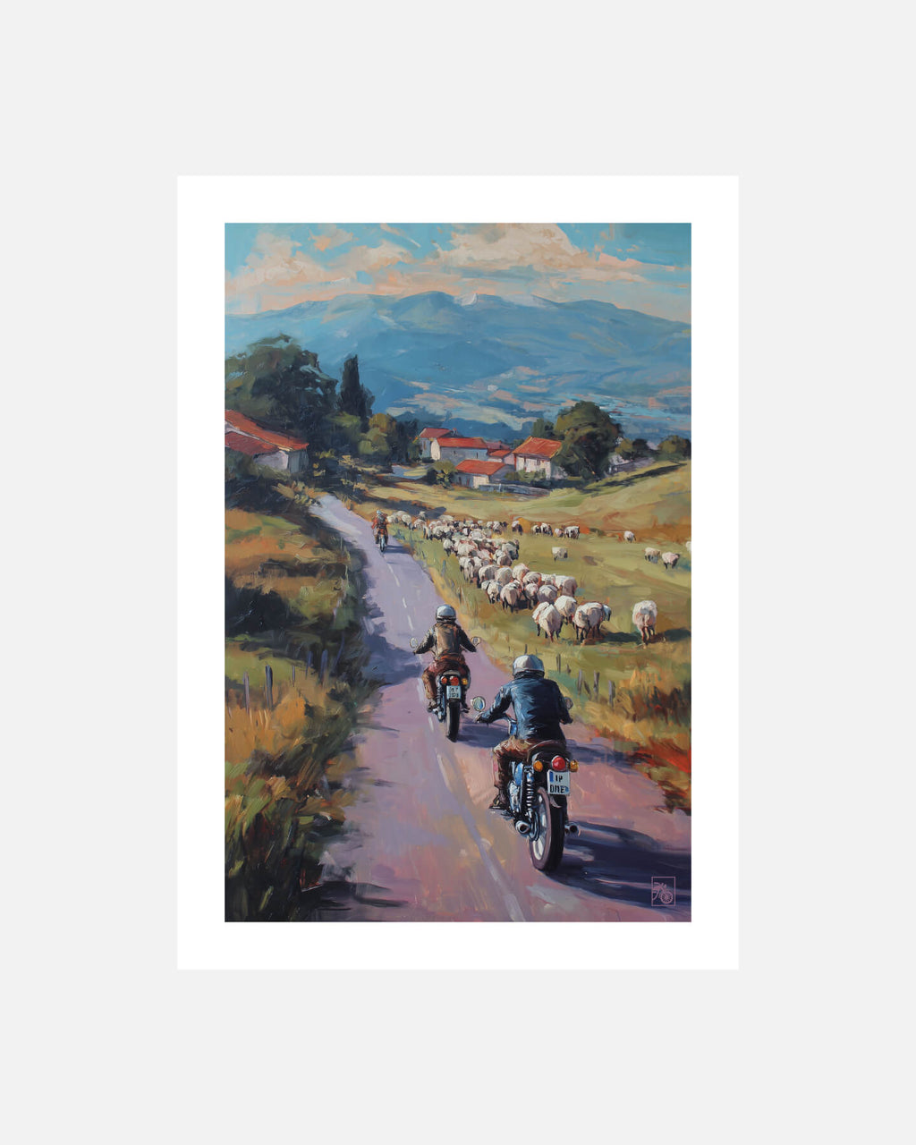 Affiche moto bikers custom brebis peinture huile route Pays Basque