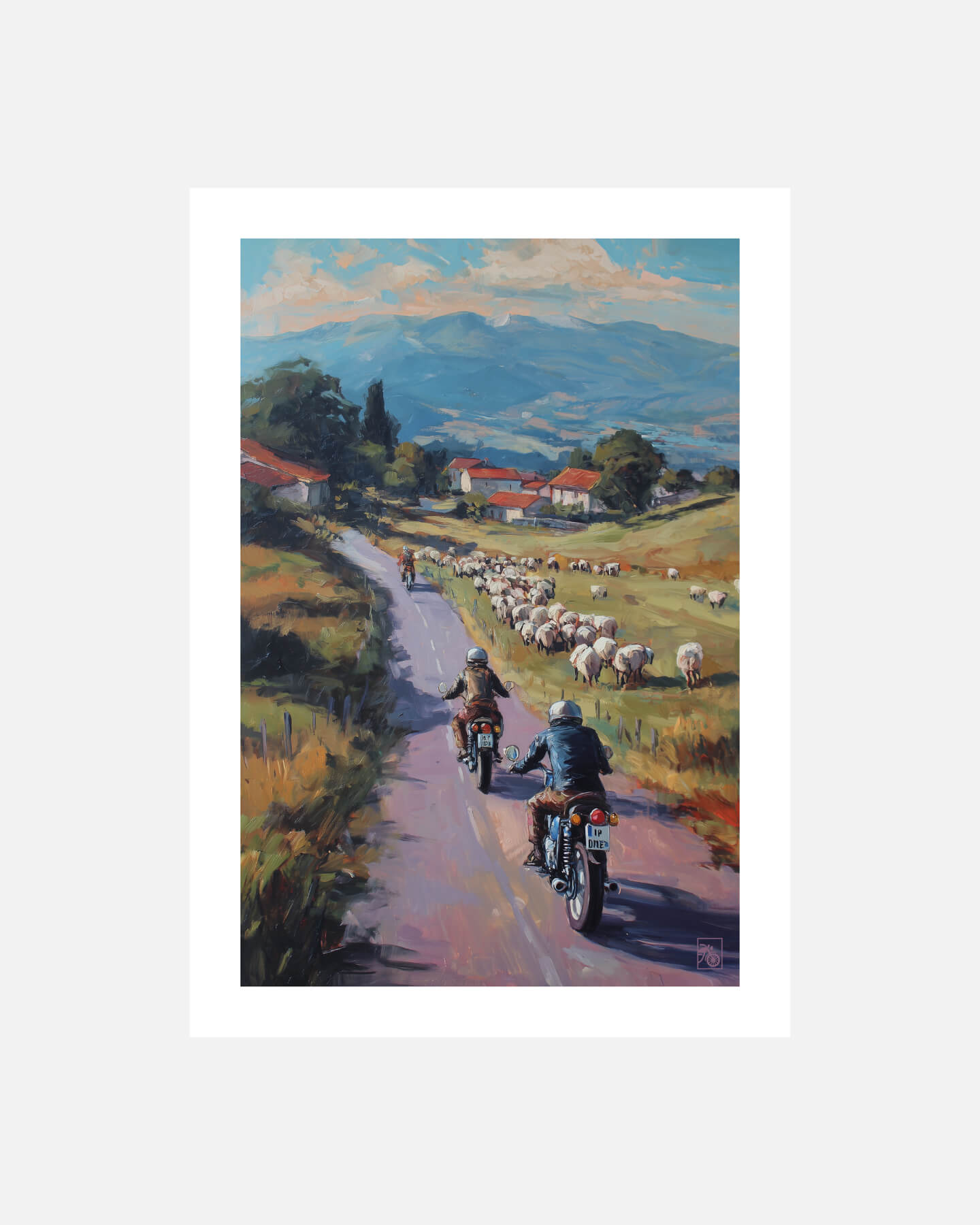Affiche moto bikers custom brebis peinture huile route Pays Basque