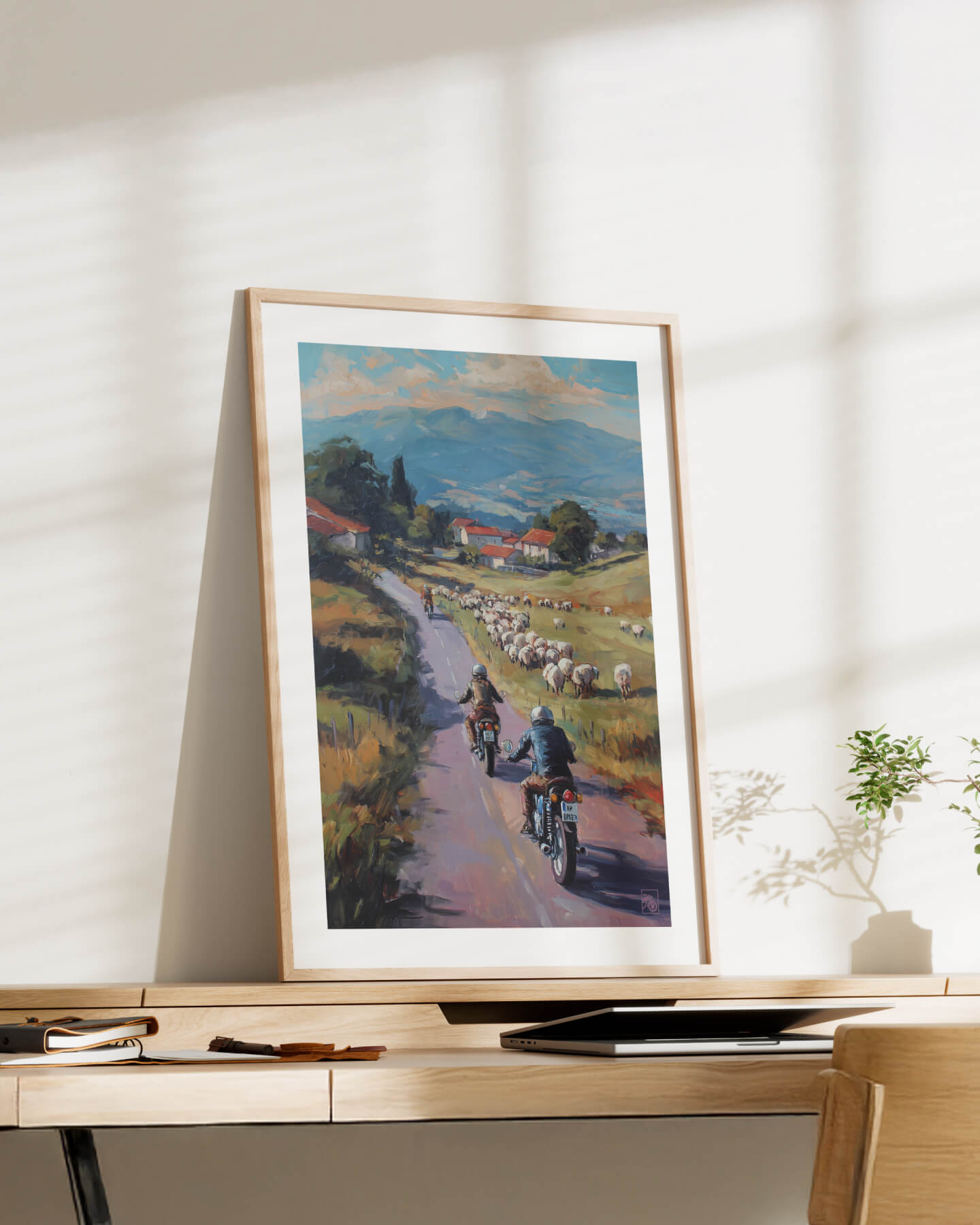 Affiche moto bikers custom brebis peinture huile route Pays Basque