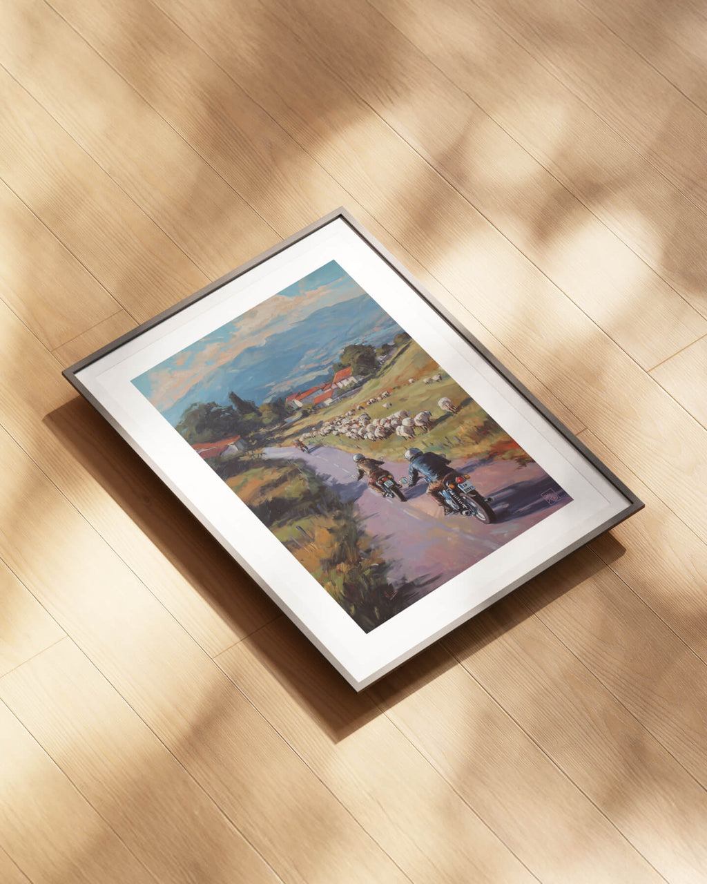 Affiche moto bikers custom brebis peinture huile route Pays Basque