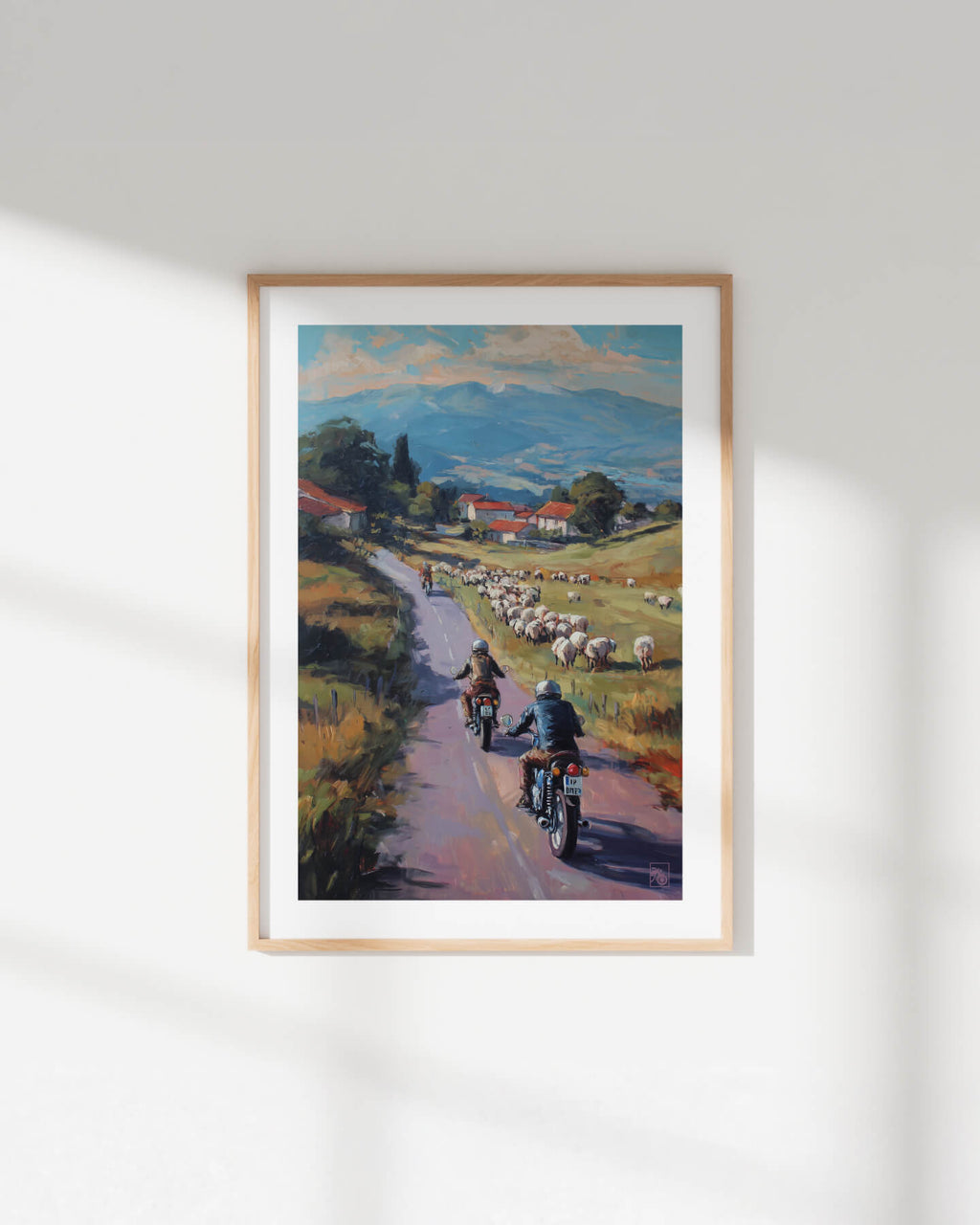 Affiche moto bikers custom brebis peinture huile route Pays Basque