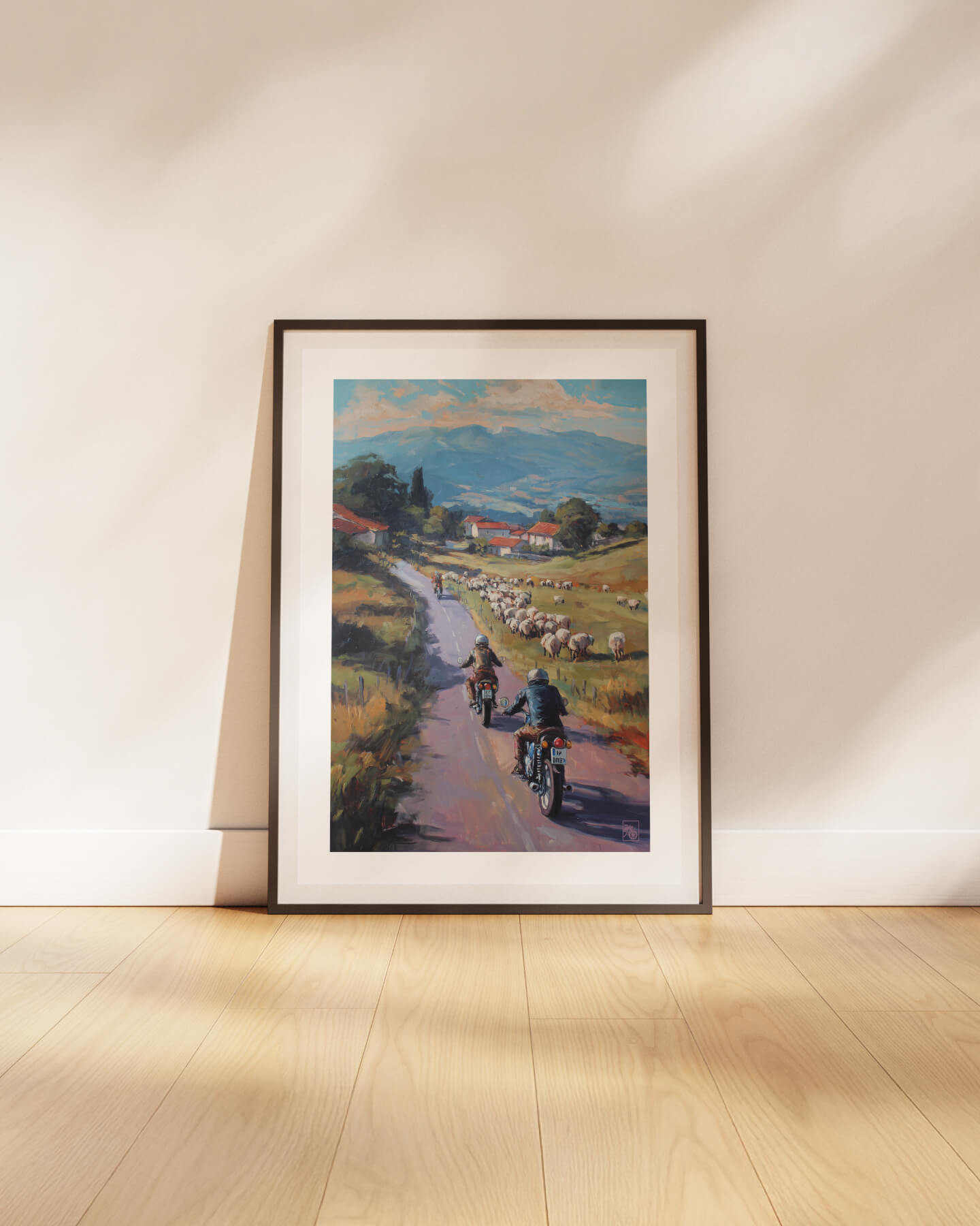 Affiche moto bikers custom brebis peinture huile route Pays Basque