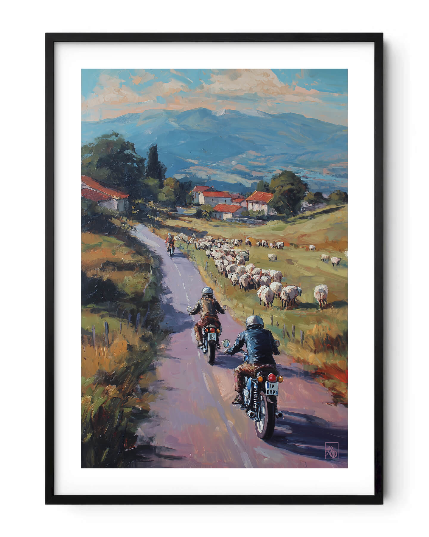 Affiche moto bikers custom brebis peinture huile route Pays Basque