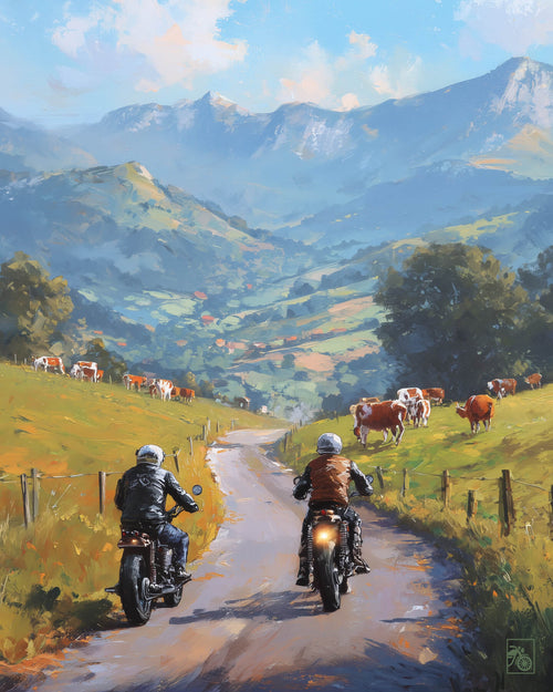 Affiche moto bikers custom vaches peinture huile route Pays Basque