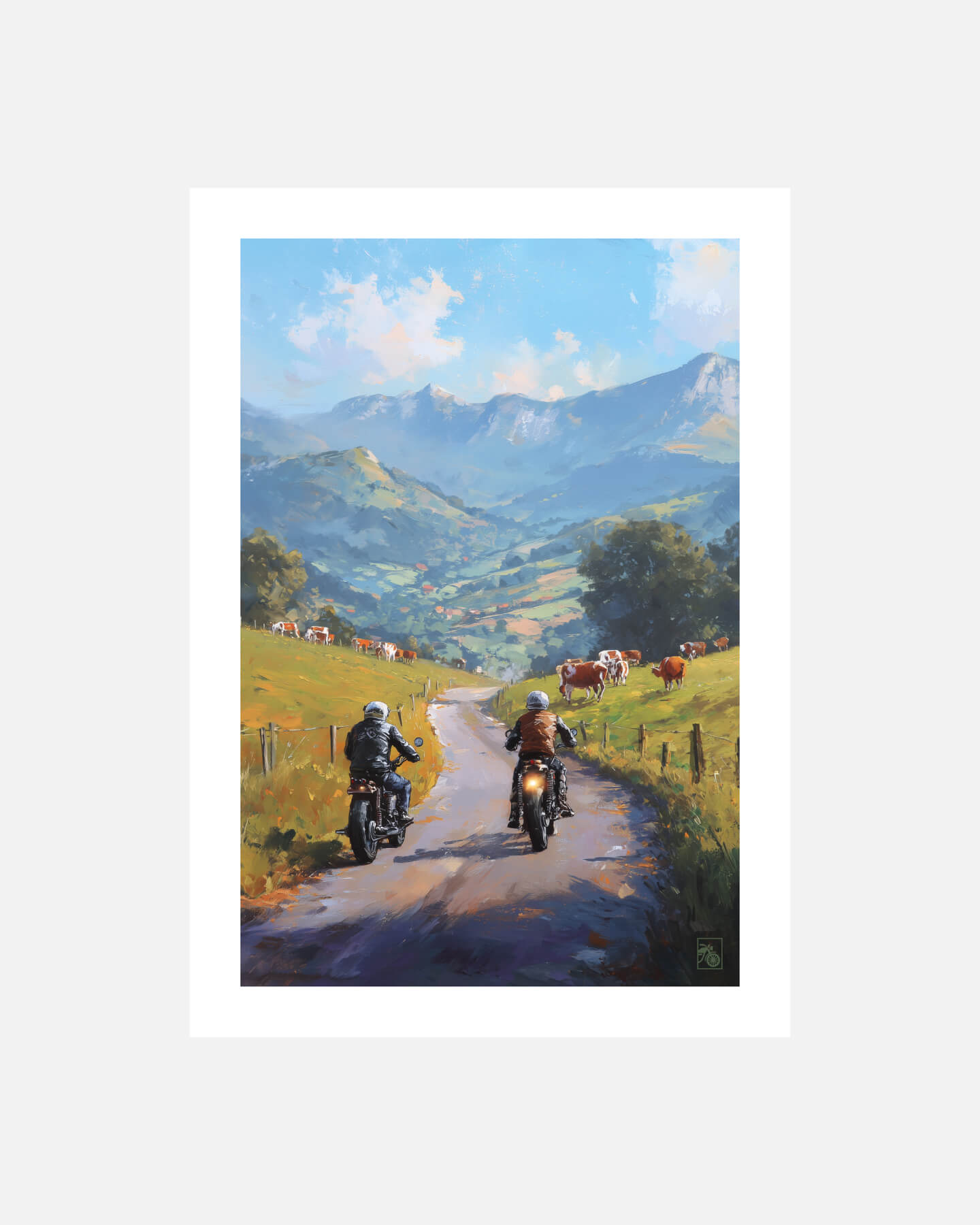 Affiche moto bikers custom vaches peinture huile route Pays Basque