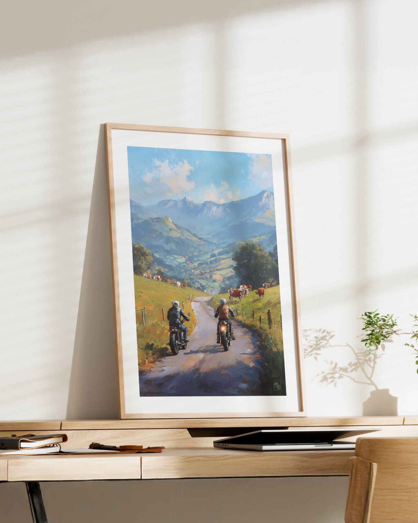 Affiche moto bikers custom vaches peinture huile route Pays Basque