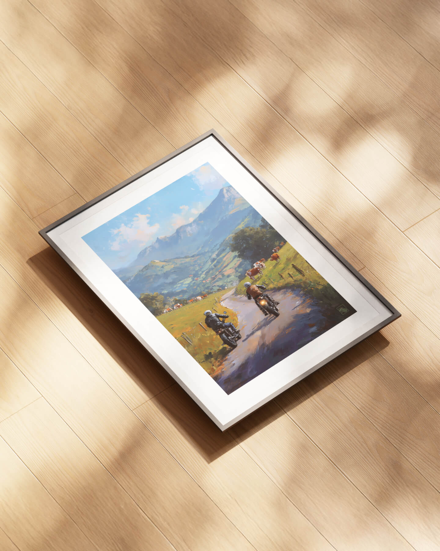 Affiche moto bikers custom vaches peinture huile route Pays Basque