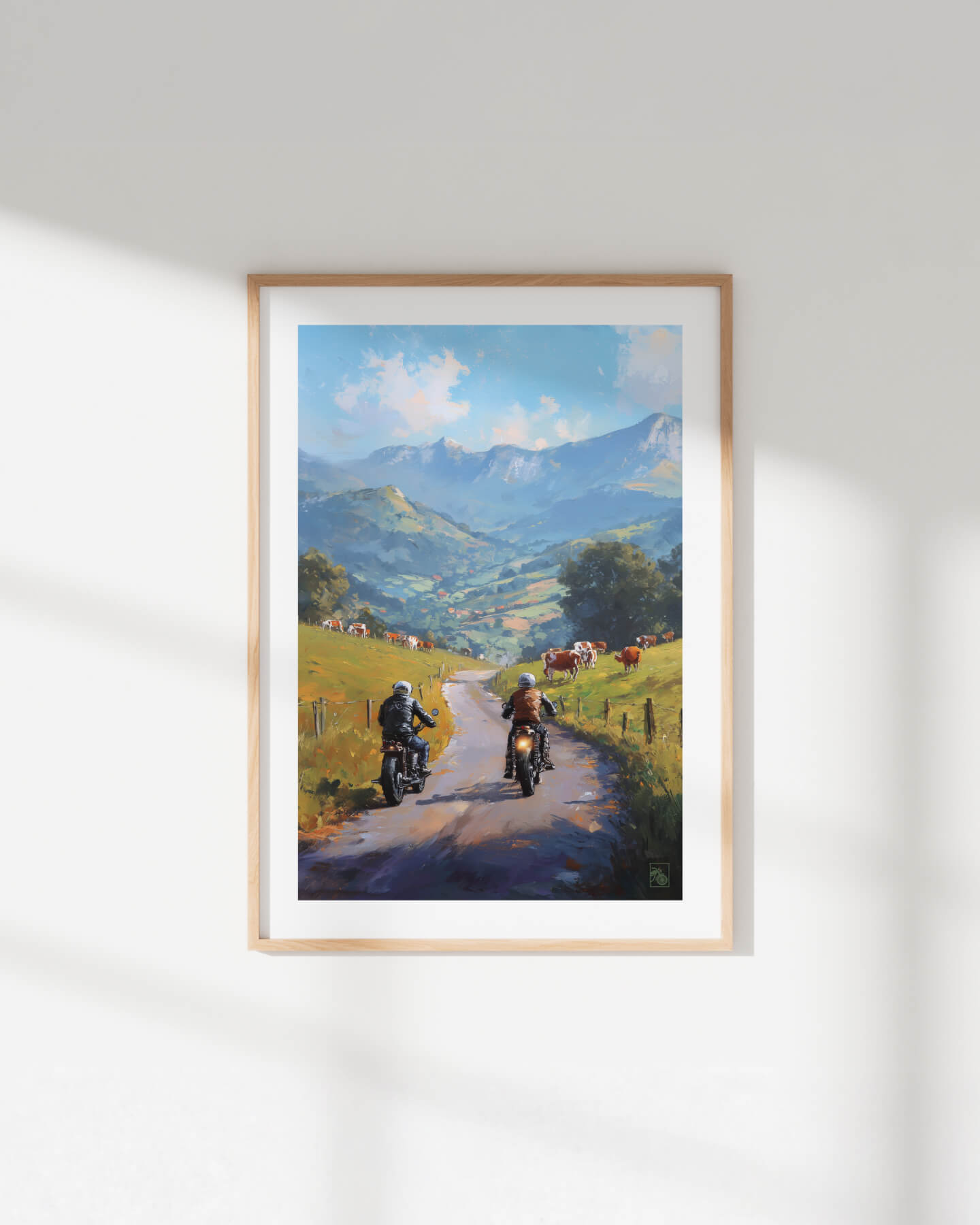 Affiche moto bikers custom vaches peinture huile route Pays Basque