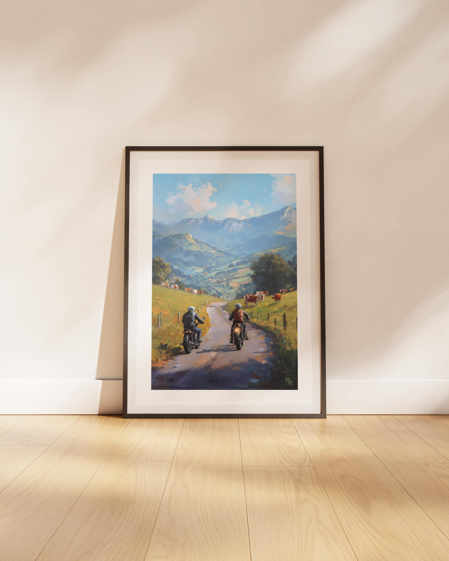 Affiche moto bikers custom vaches peinture huile route Pays Basque