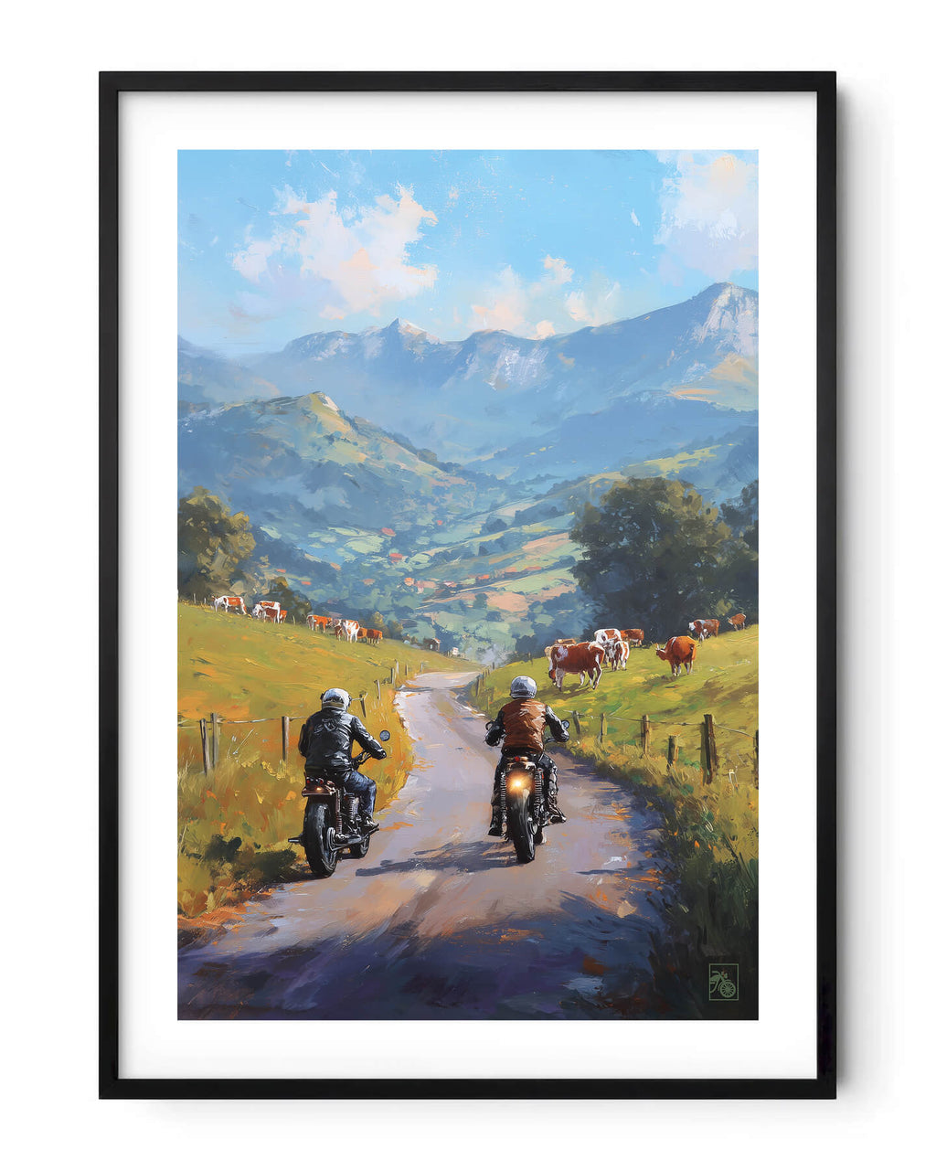 Affiche moto bikers custom vaches peinture huile route Pays Basque