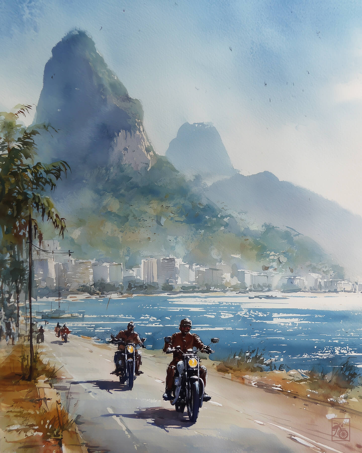 Affiche moto bikers custom aquarelle route côtière Rio de Janeiro