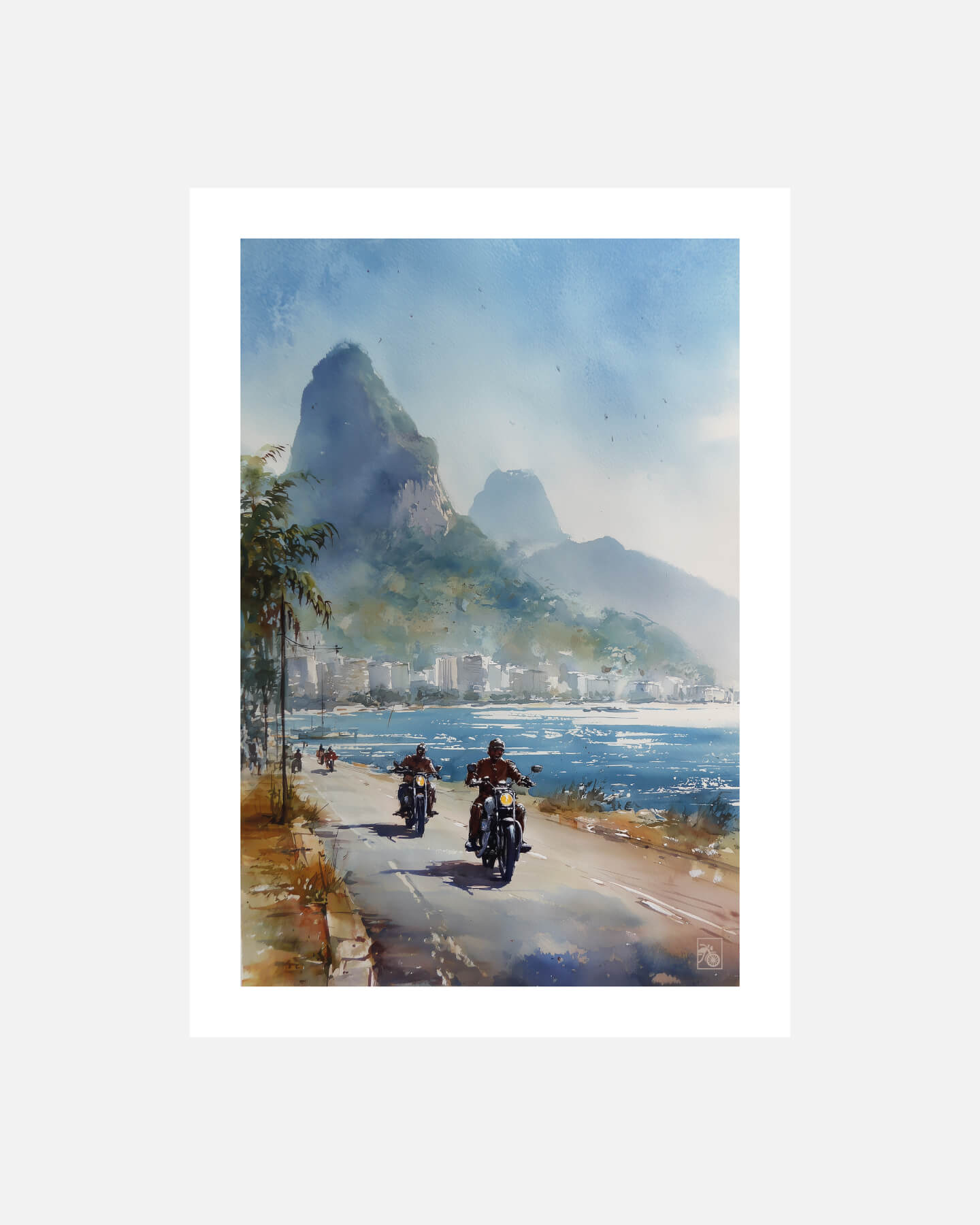 Affiche moto bikers custom aquarelle route côtière Rio de Janeiro