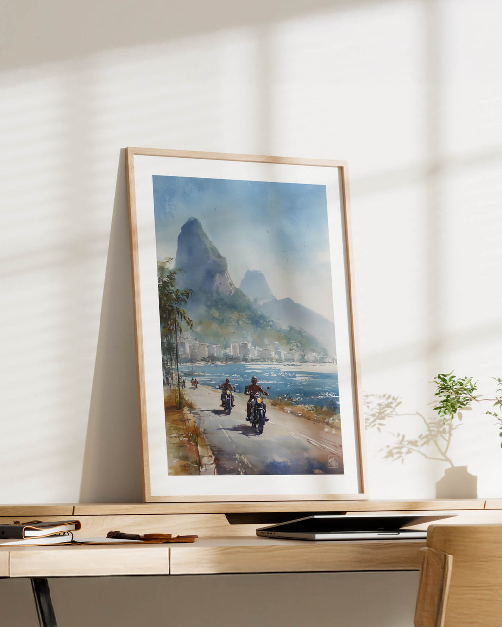 Affiche moto bikers custom aquarelle route côtière Rio de Janeiro