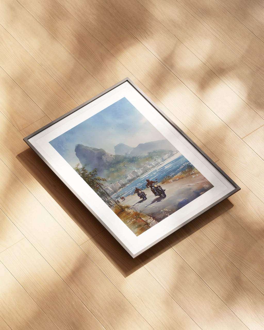 Affiche moto bikers custom aquarelle route côtière Rio de Janeiro