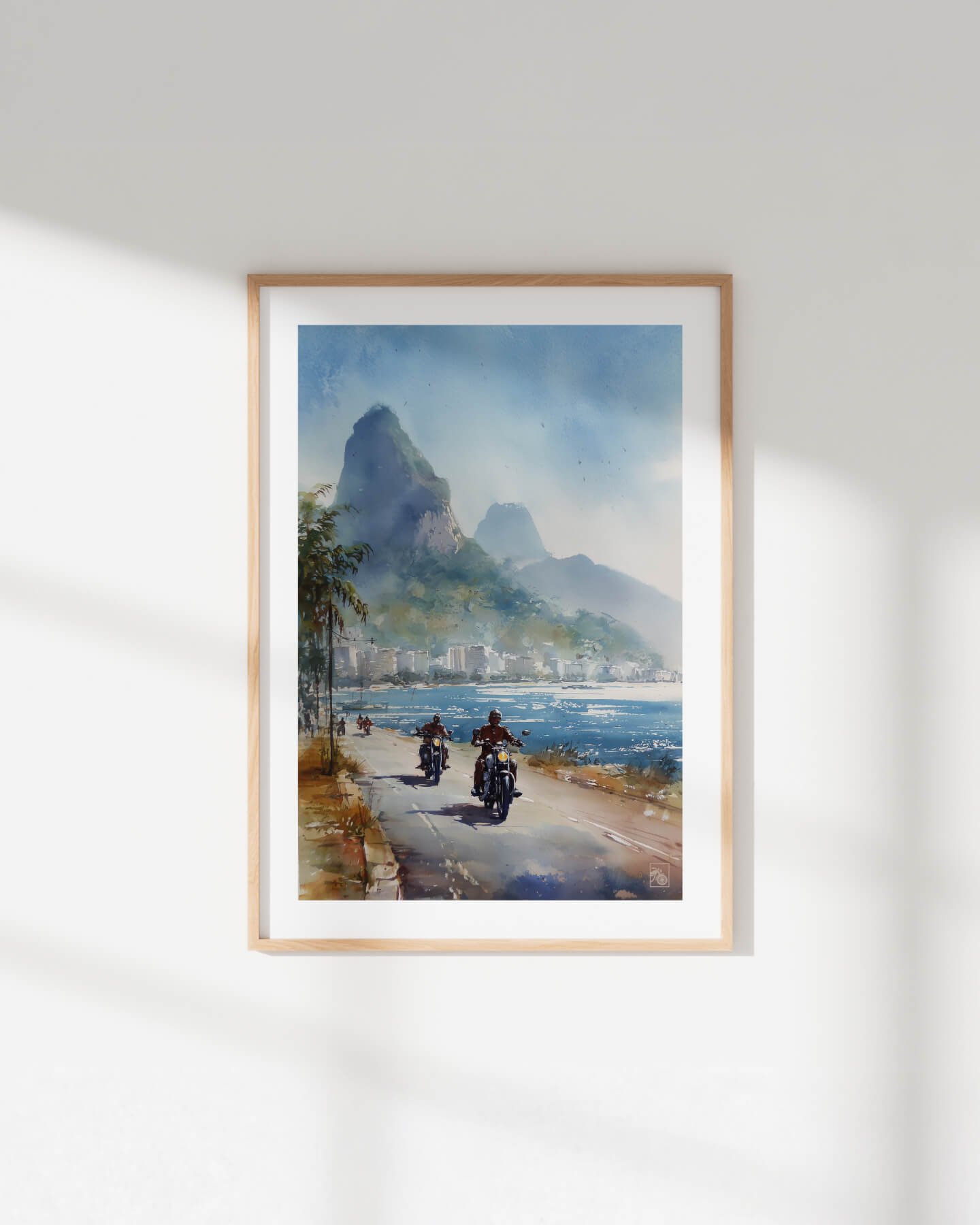 Affiche moto bikers custom aquarelle route côtière Rio de Janeiro
