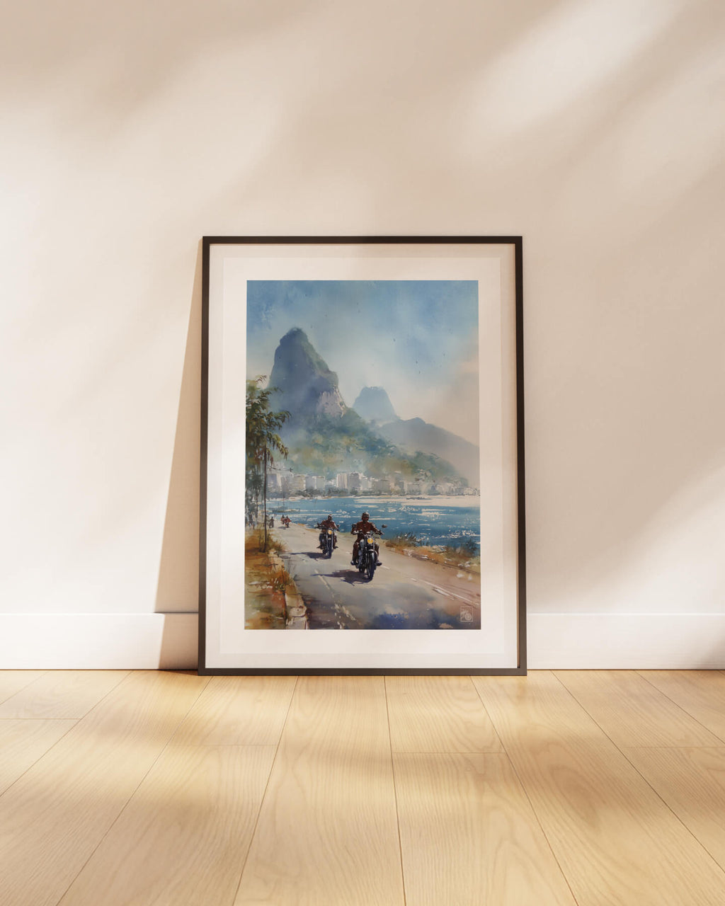 Affiche moto bikers custom aquarelle route côtière Rio de Janeiro