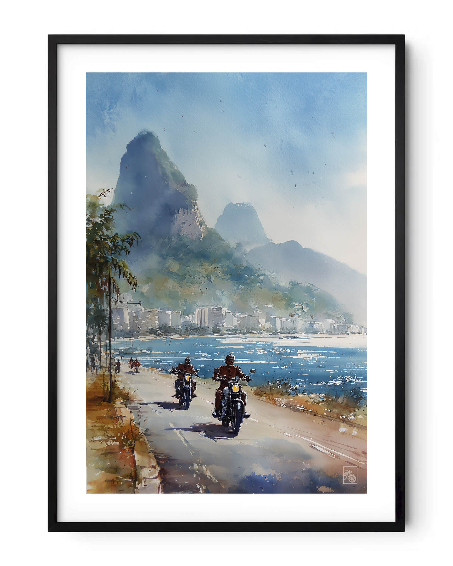 Affiche moto bikers custom aquarelle route côtière Rio de Janeiro